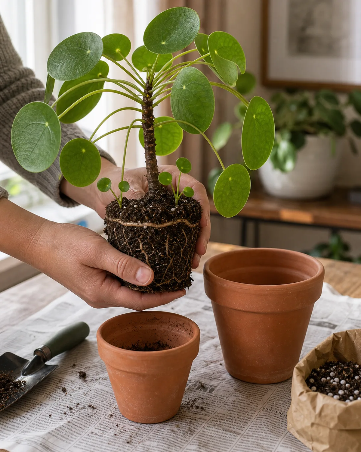 A pair of hands lifting a slightly root-bound pilea peperomioides out of a small terracotta pot on a wood table covered with newspaper showing the thin pale horizontal rhizome and a couple of small soil-emerging pups alongside the parent stem