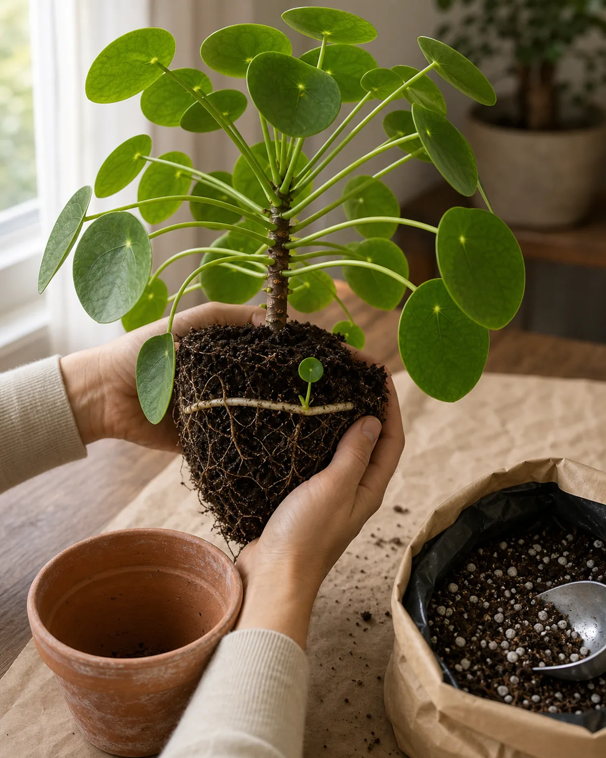 A pair of hands lifting a pilea peperomioides out of a small terracotta pot revealing a modest rootball with a clearly visible thin pale horizontal rhizome running just under the soil line and one small underground pup just emerging beside a bag of chunky perlite-rich houseplant mix