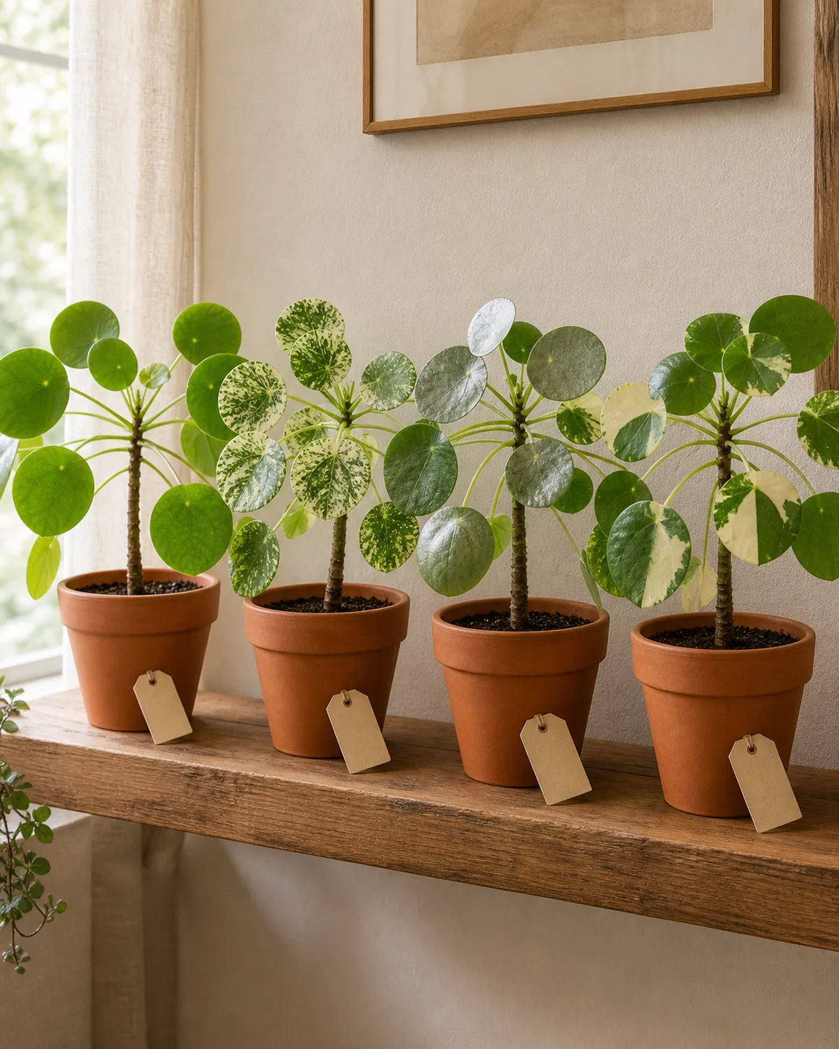 Four small potted pilea peperomioides varieties side by side on a long wood shelf showing the standard plain green species, a Mojito with splashed cream-and-green disc leaves, a Sugar with a silvery sheen, and a White Splash with irregular cream sectors on the round discs