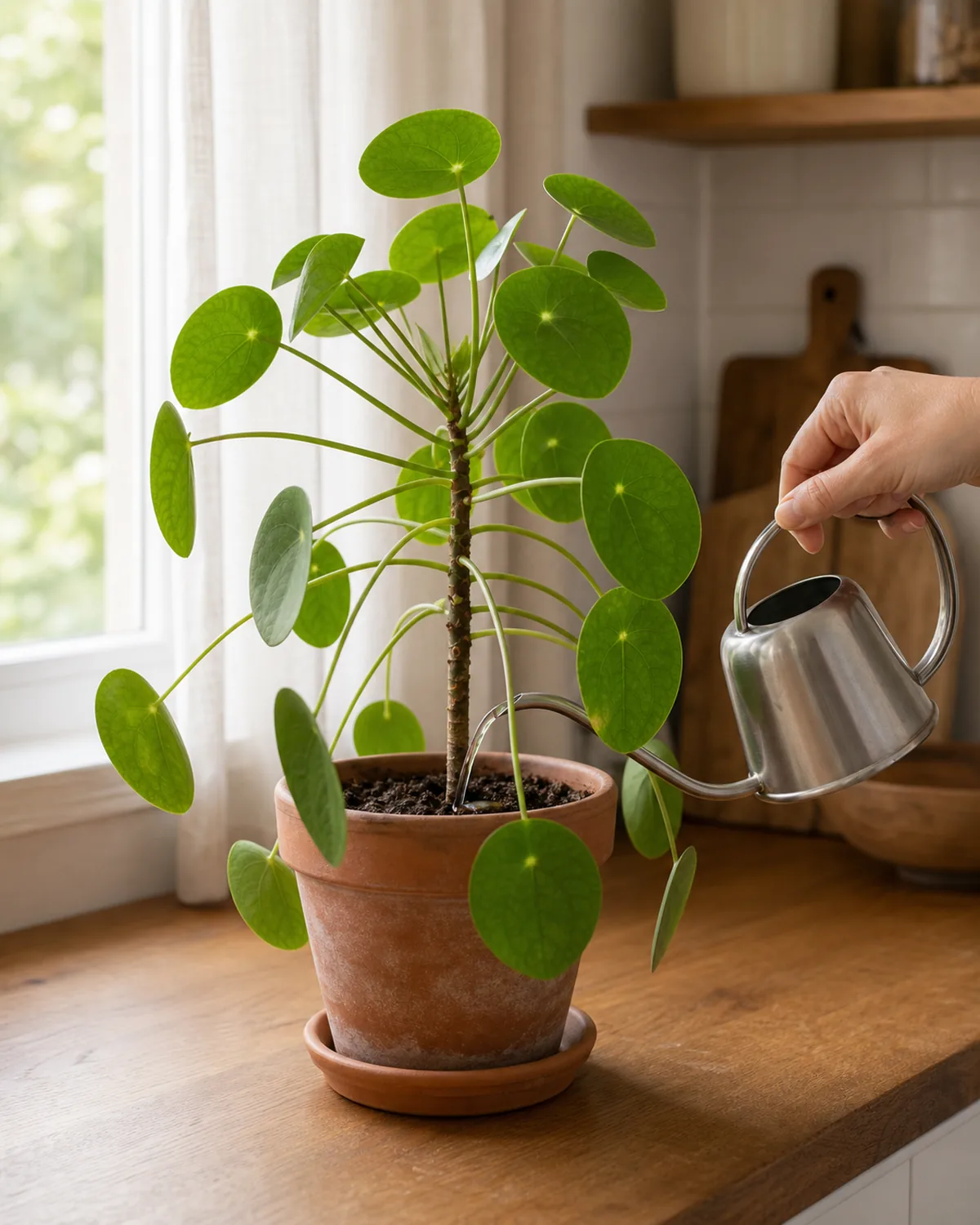 A hand pouring water from a small metal watering can into the soil of a potted pilea peperomioides on a wood kitchen counter with a few of the lower petioles visibly softened pre-water but leaves still recognizable round discs