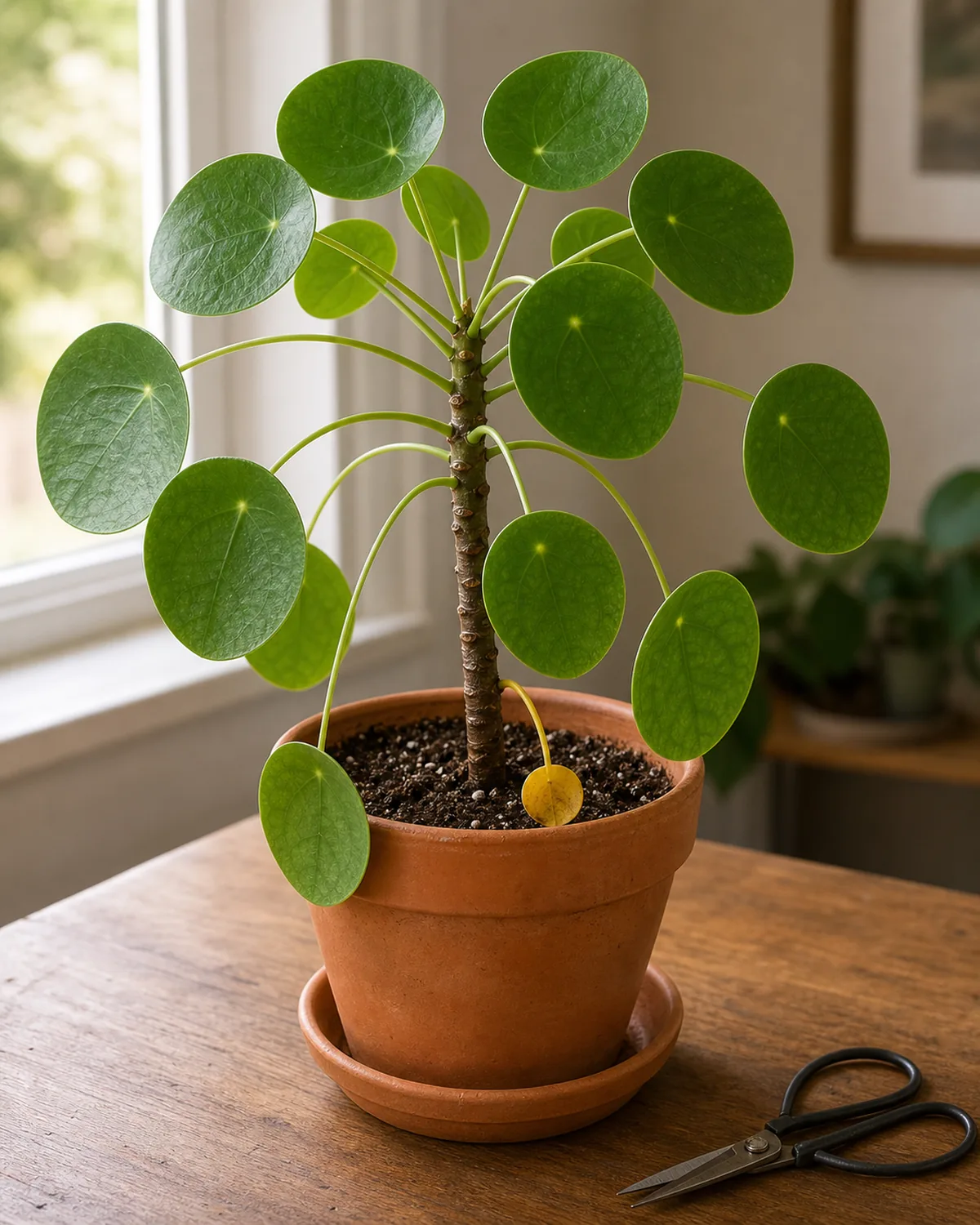 A healthy mature pilea peperomioides in a terracotta pot on a wood table beside a window with the very lowest single oldest round disc leaf clearly yellowed and drooping on its softened petiole while all the other disc leaves above remain crisp and green