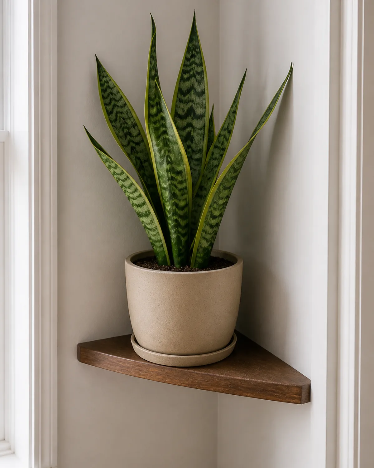 A small triangular floating corner shelf fitted into a narrow nook holding one snake plant in a plain pot