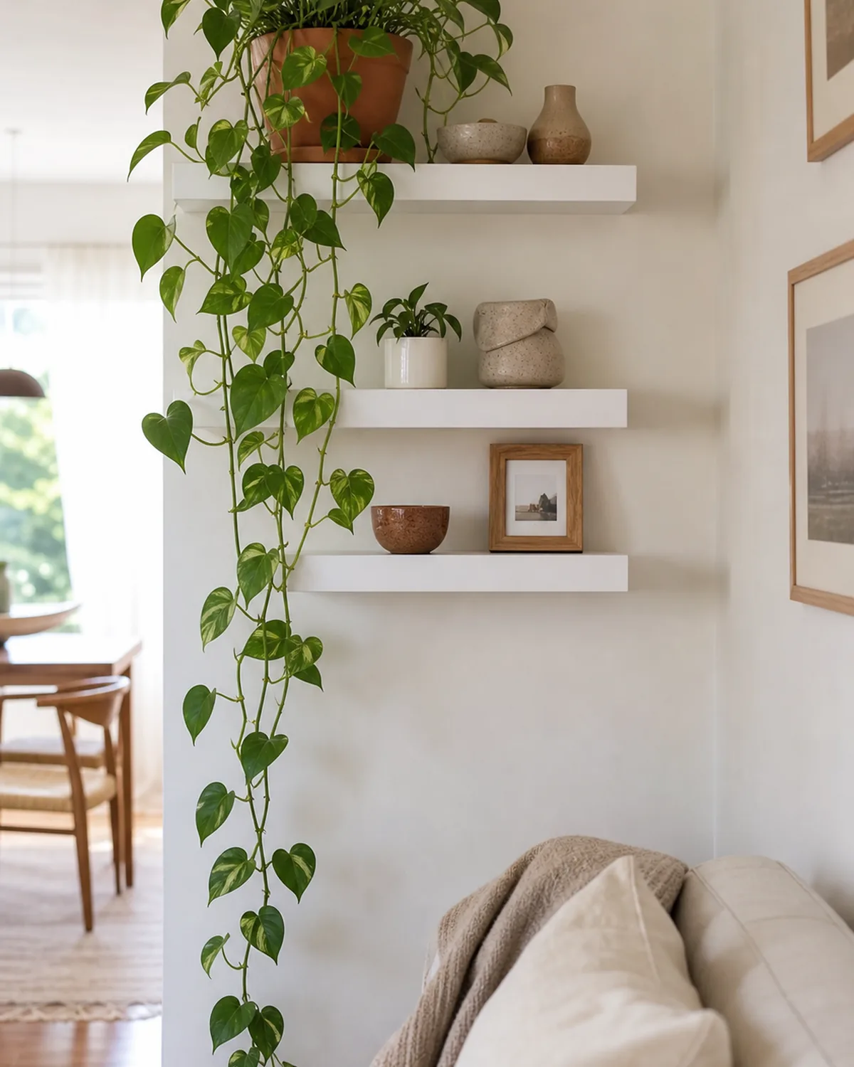 White floating shelves staggered on a wall with a golden pothos trailing its heart-shaped leaves down past the lower shelves