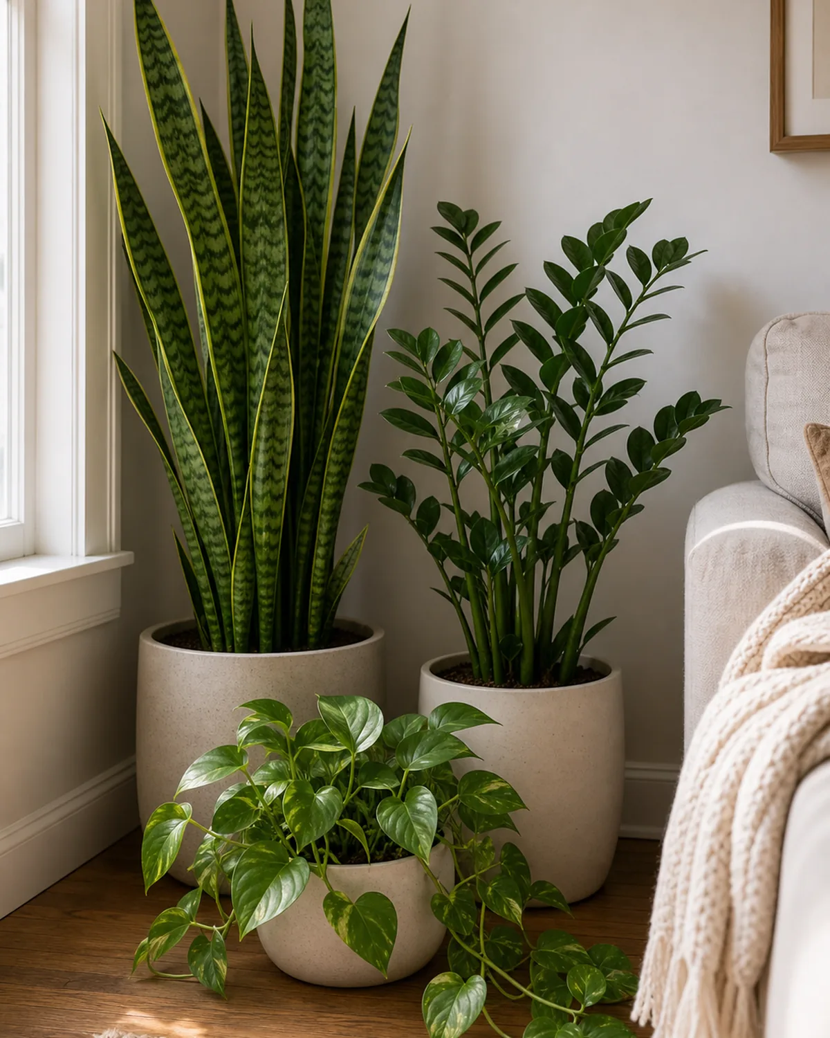 Three floor plants of stepped heights grouped in a living-room corner, a tall snake plant, a medium ZZ plant and a low trailing pothos