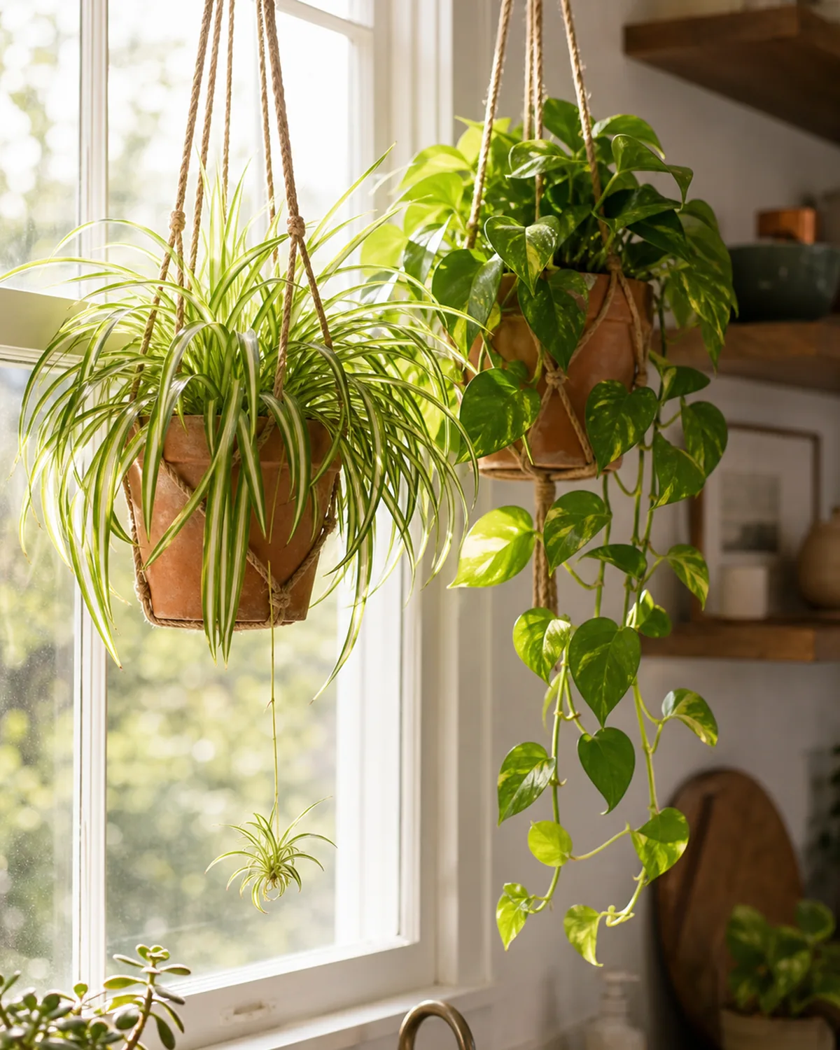 Two plants in plain rope hangers in front of a bright window, a spider plant with a baby plantlet and a trailing pothos, in a kitchen