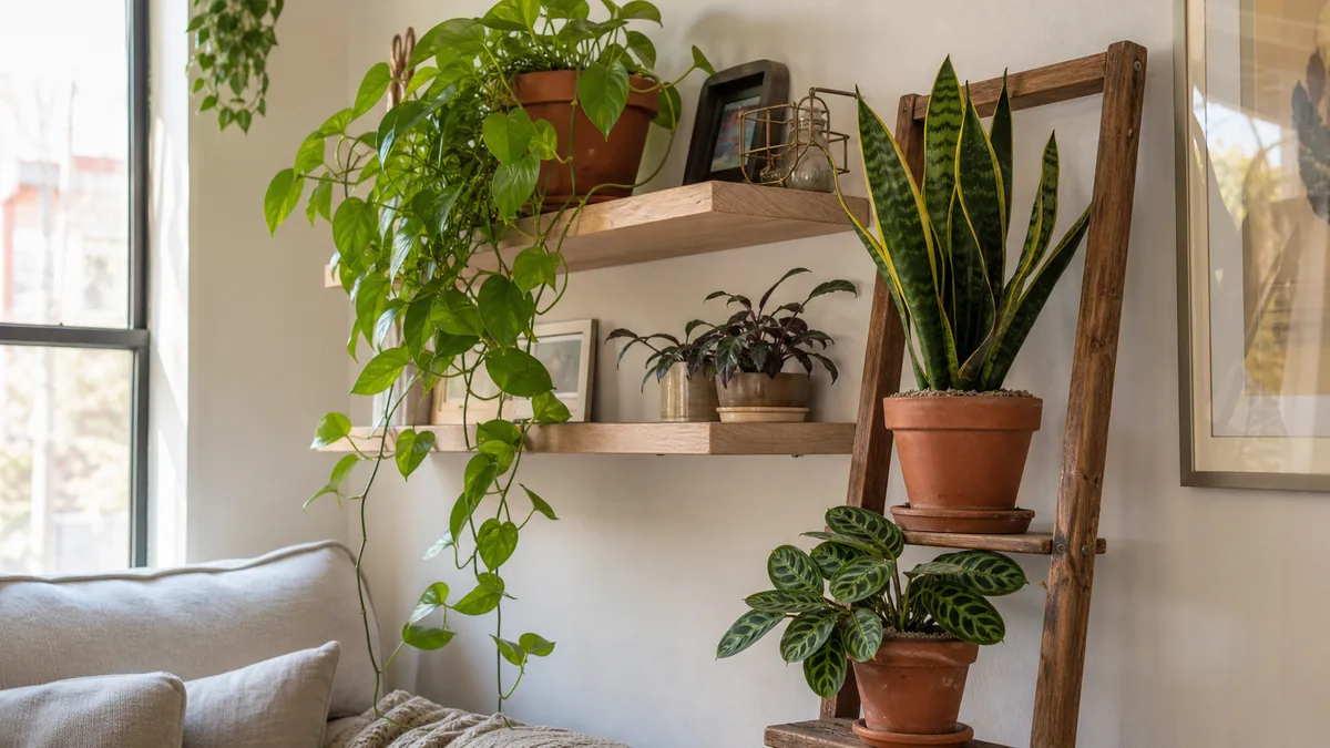 A styled living-room corner with floating shelves of trailing plants, a snake plant and a calathea in warm window light