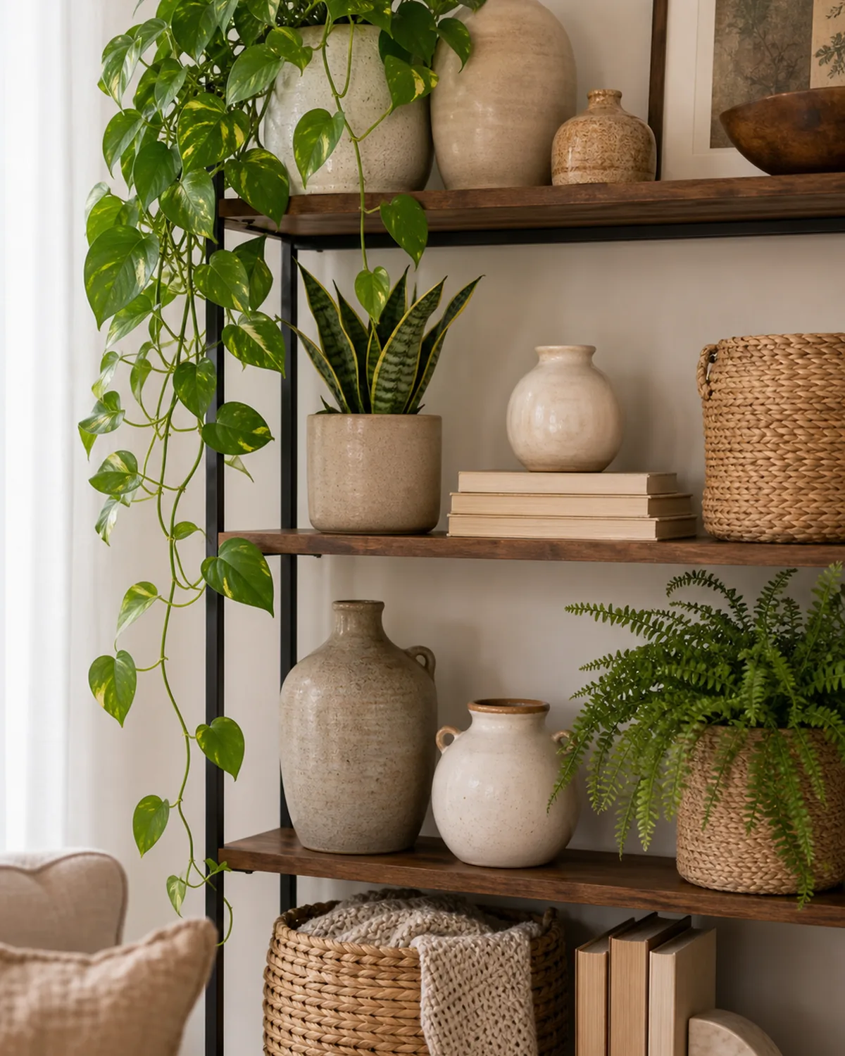 A styled open shelf layering a trailing pothos and a snake plant among neutral ceramic vases, a woven basket and books