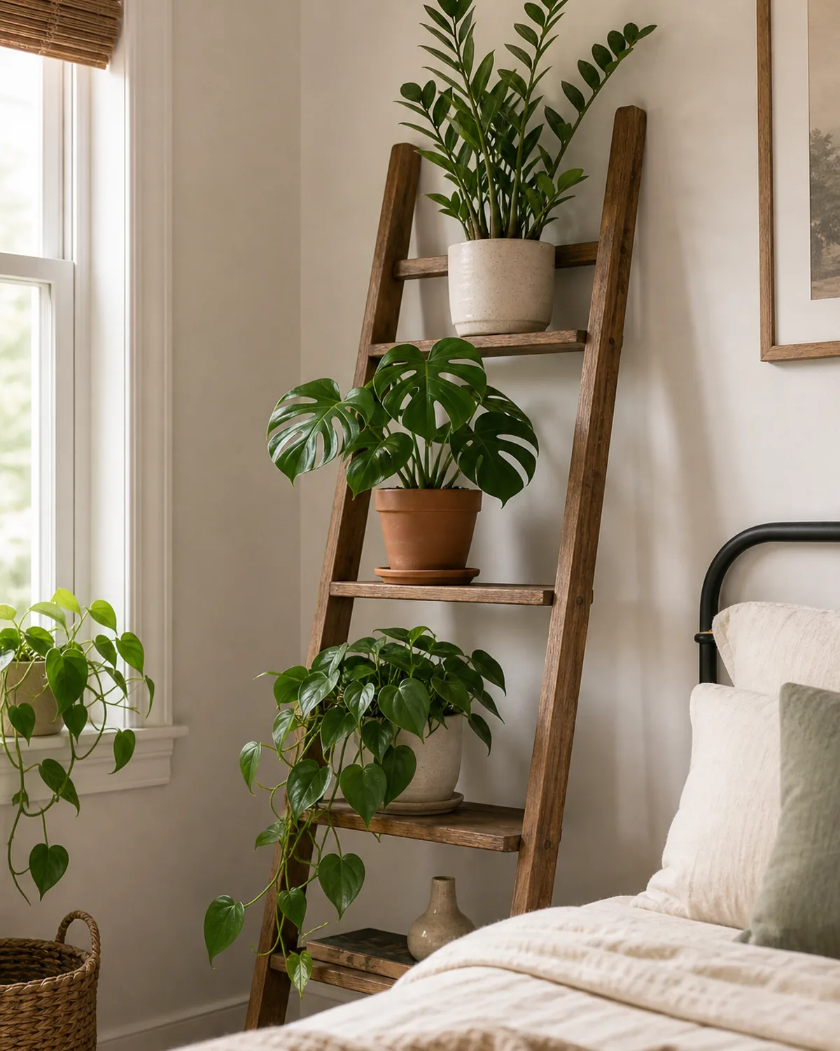 A wooden leaning ladder shelf against a bedroom wall holding a ZZ plant, a small monstera and a trailing philodendron in plain pots