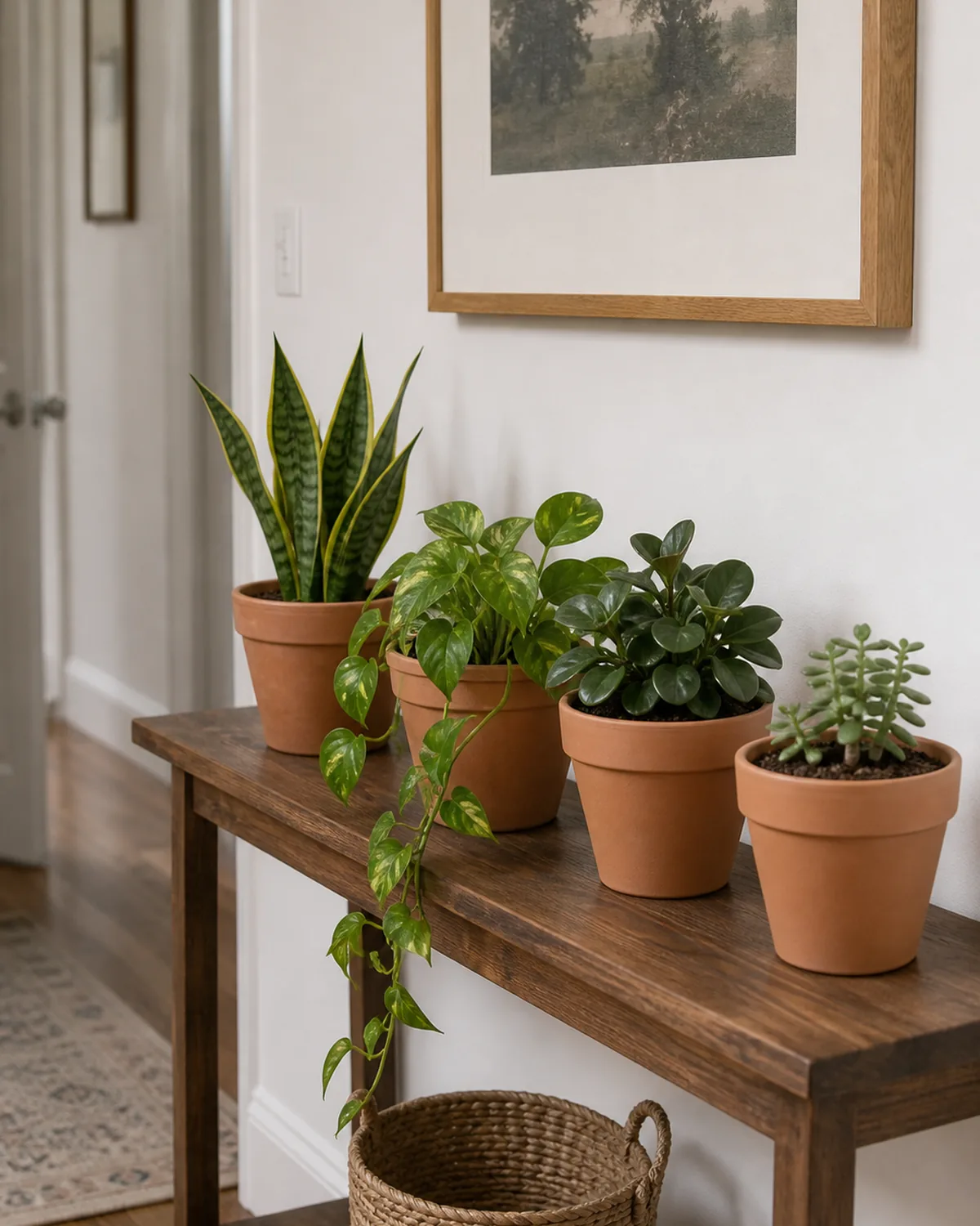 A console table with a row of identical terracotta pots holding a snake plant, a pothos, a peperomia and a small succulent