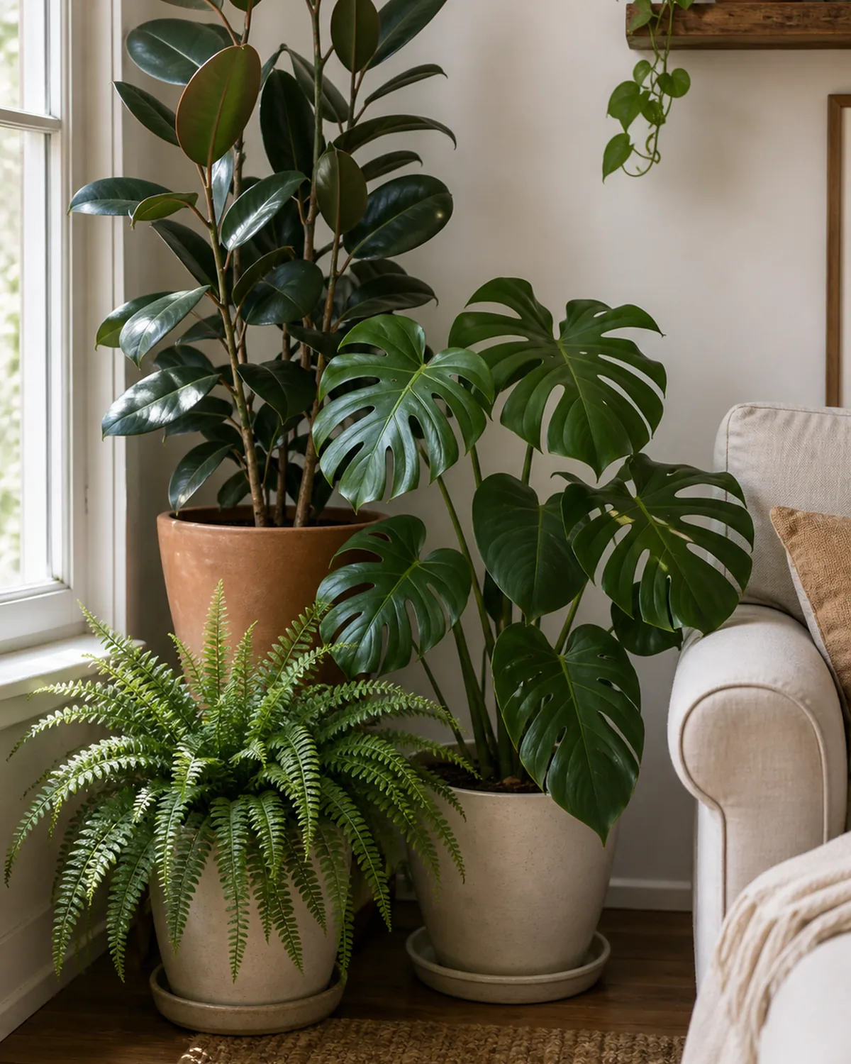 A floor grouping by a sofa with a tall rubber plant at the back, a broad-leaved monstera mid-height and a fine fern in front