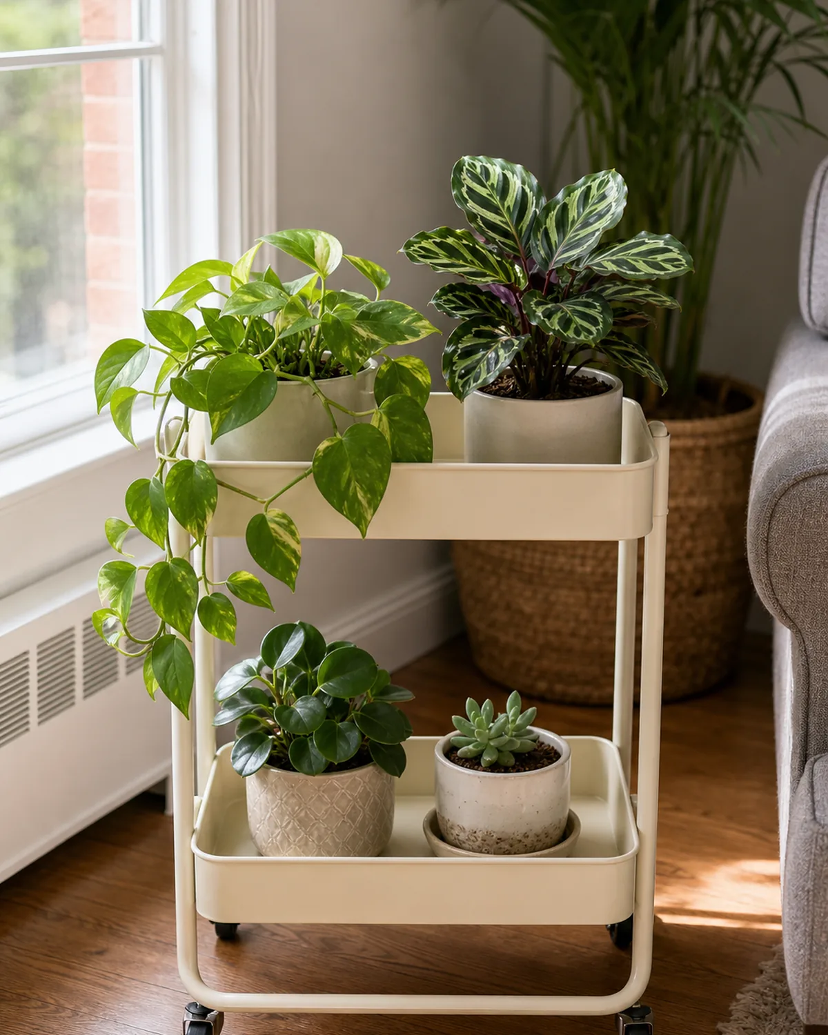 A two-tier rolling cart on casters near a window holding a pothos, a calathea, a peperomia and a small succulent