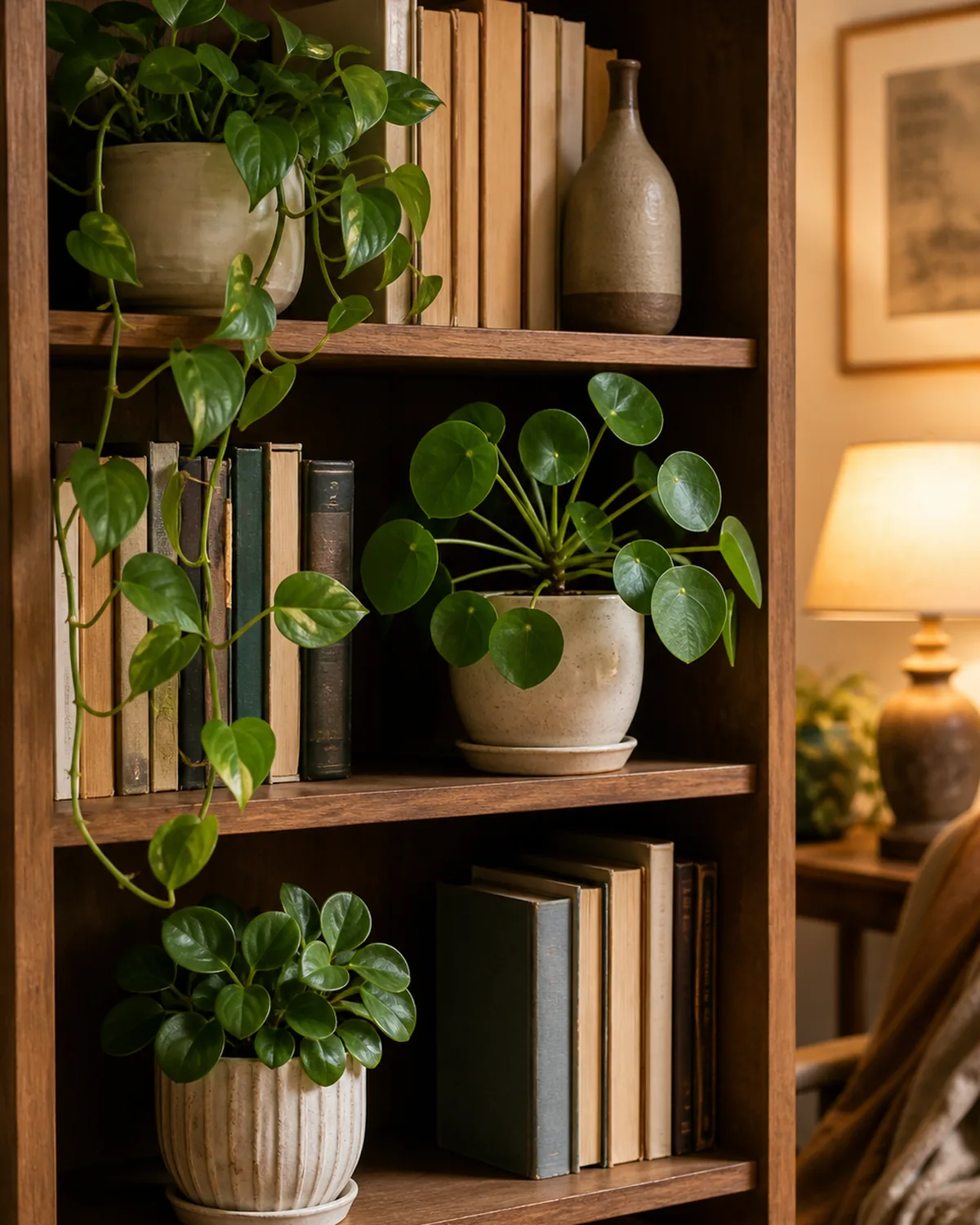 A bookshelf styled with a trailing pothos, a round-leaved pilea and a peperomia tucked among books and one ceramic vase in warm lamp light