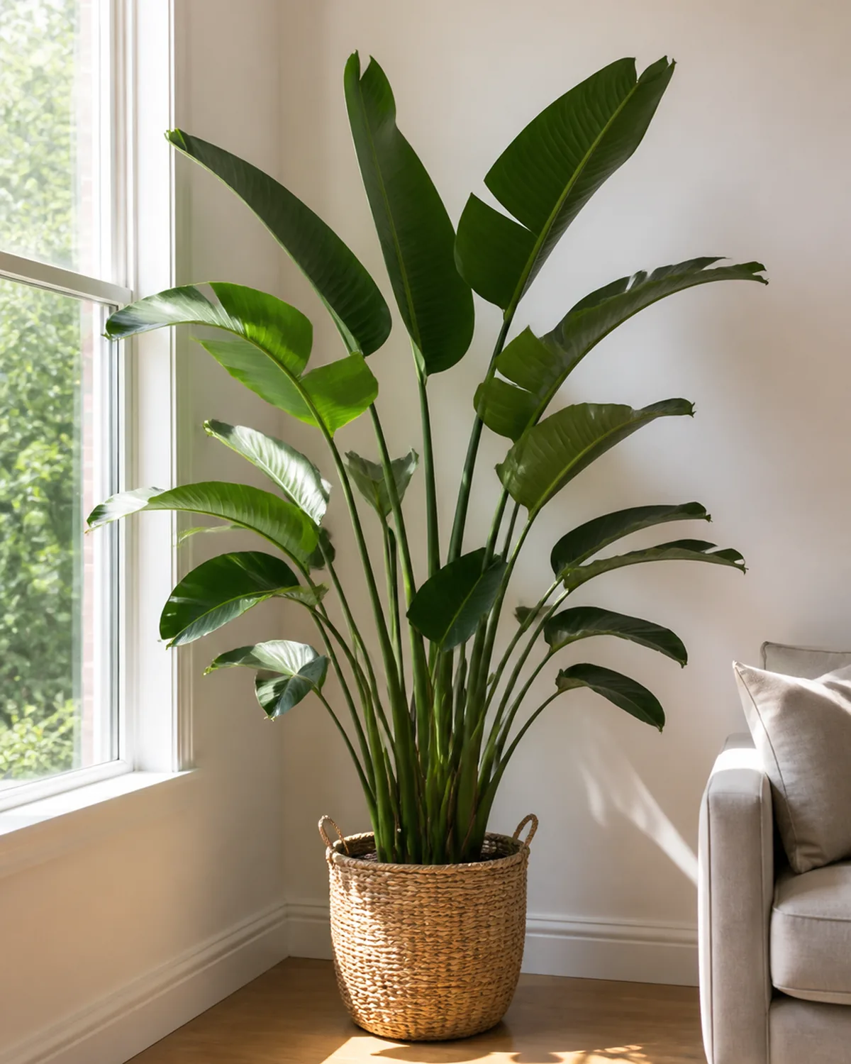 One large bird of paradise with big paddle-shaped leaves in a woven basket planter anchoring a bright, bare living-room corner