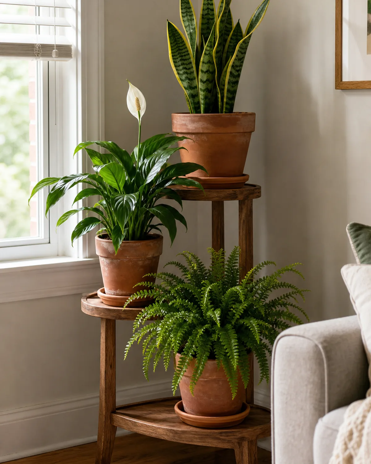 A three-tier wooden plant stand in a corner holding a snake plant, a peace lily and a Boston fern at staggered heights