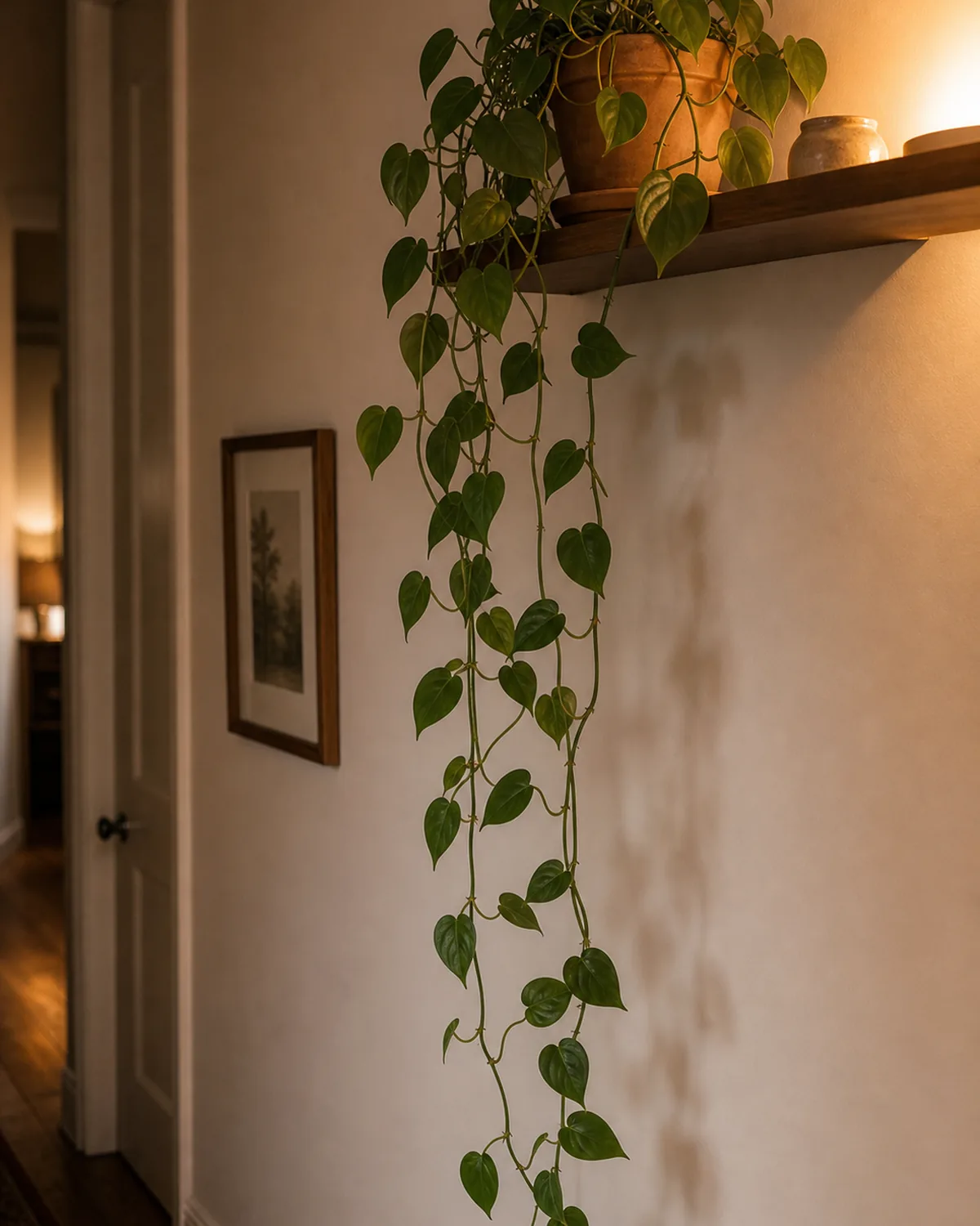 A single high wall shelf in a hallway with one heartleaf philodendron cascading a long curtain of leaves down the wall in warm dusk light