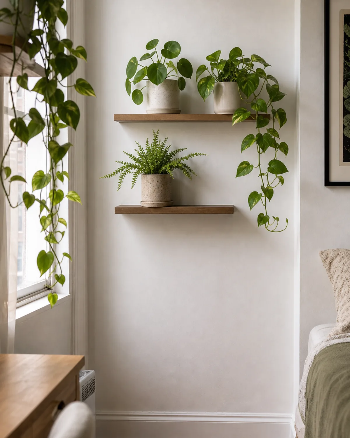 Two slim wall-mounted shelves holding a small pothos and a fern, keeping the floor of a compact room clear