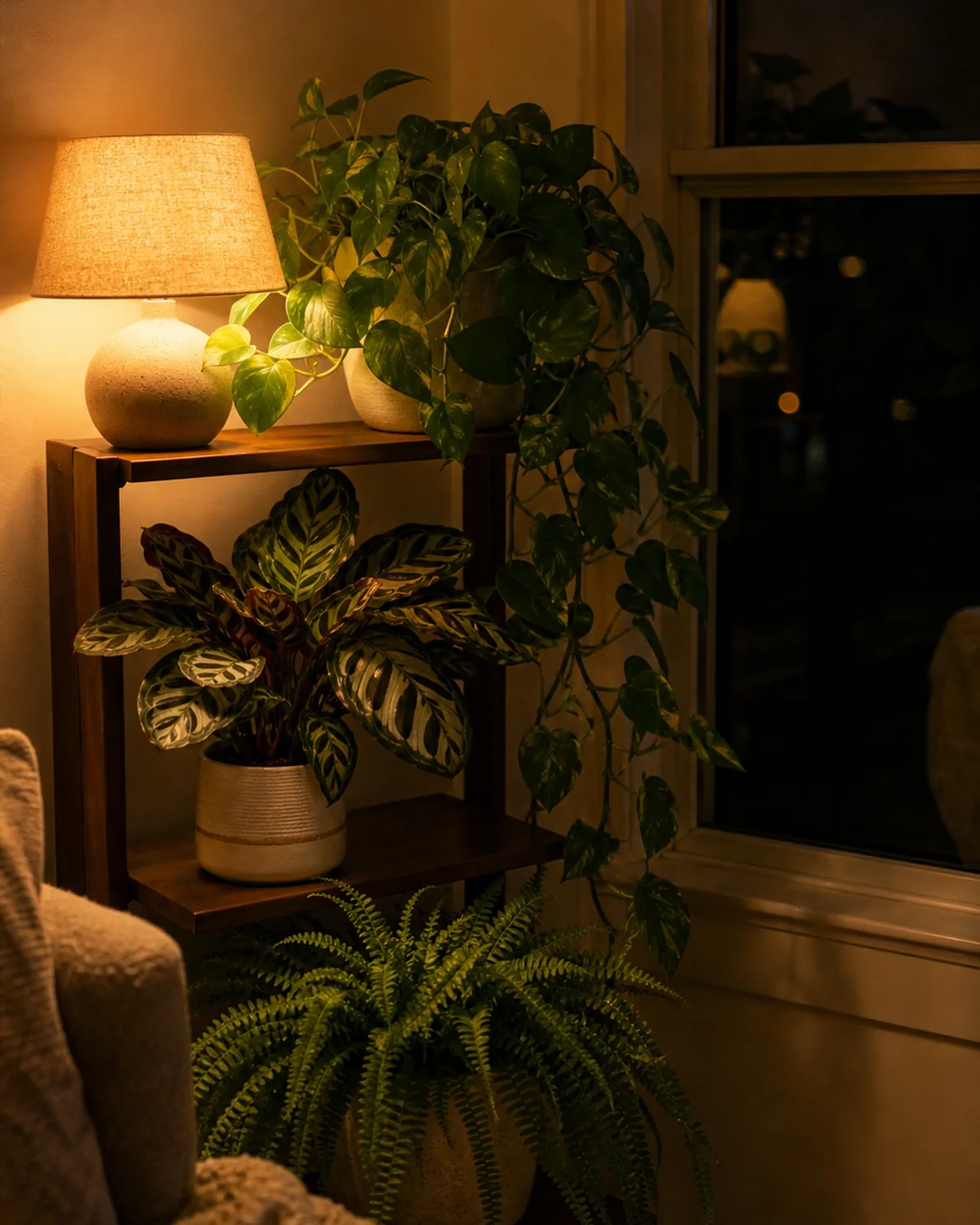 A cozy plant corner at night lit by a single warm table lamp, with a pothos, a calathea and a fern glowing softly