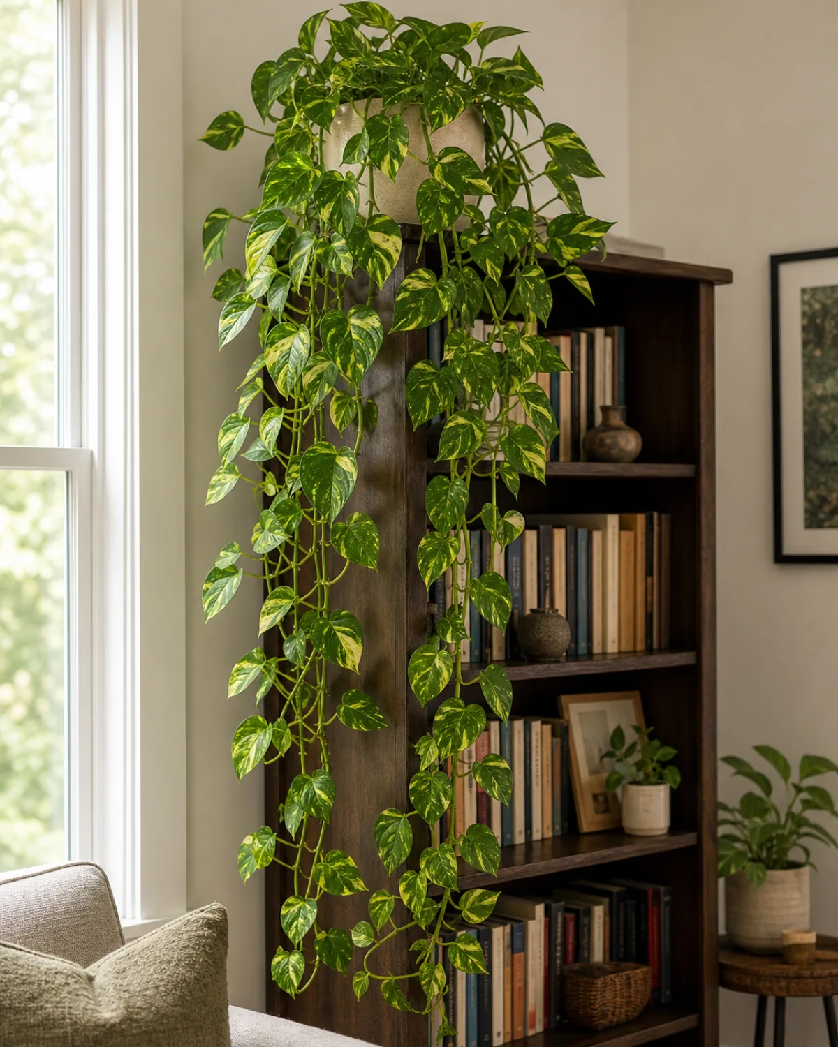 A golden pothos trailing from the top of a wood bookshelf in a bright real-home living room