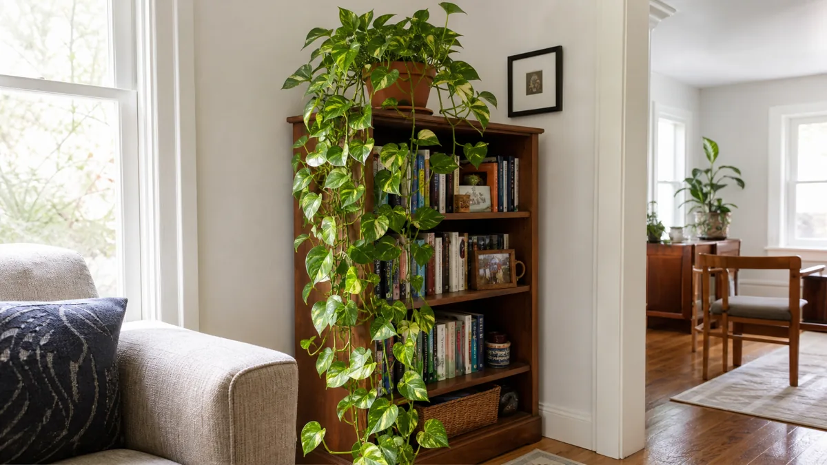A golden pothos with trailing variegated heart shaped leaves in warm light