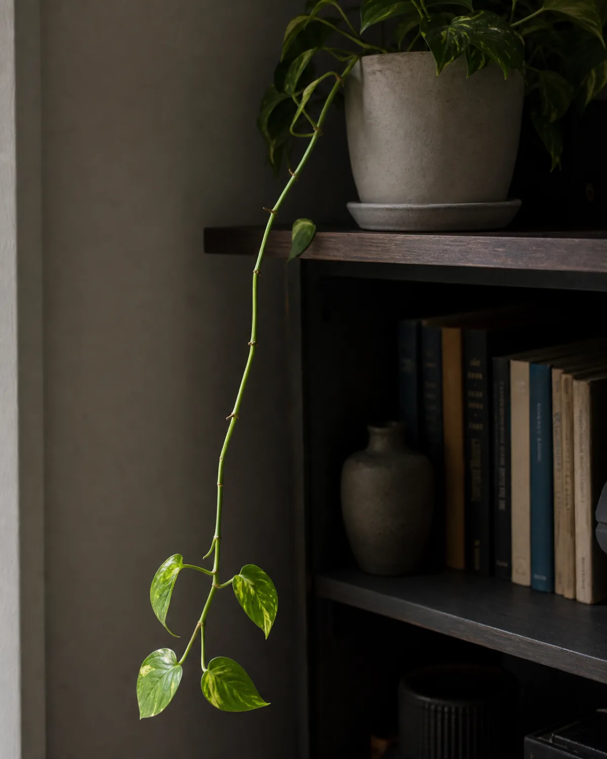 A leggy pothos vine with long bare stem and a few small heart-shaped leaves at the tip on a dim shelf