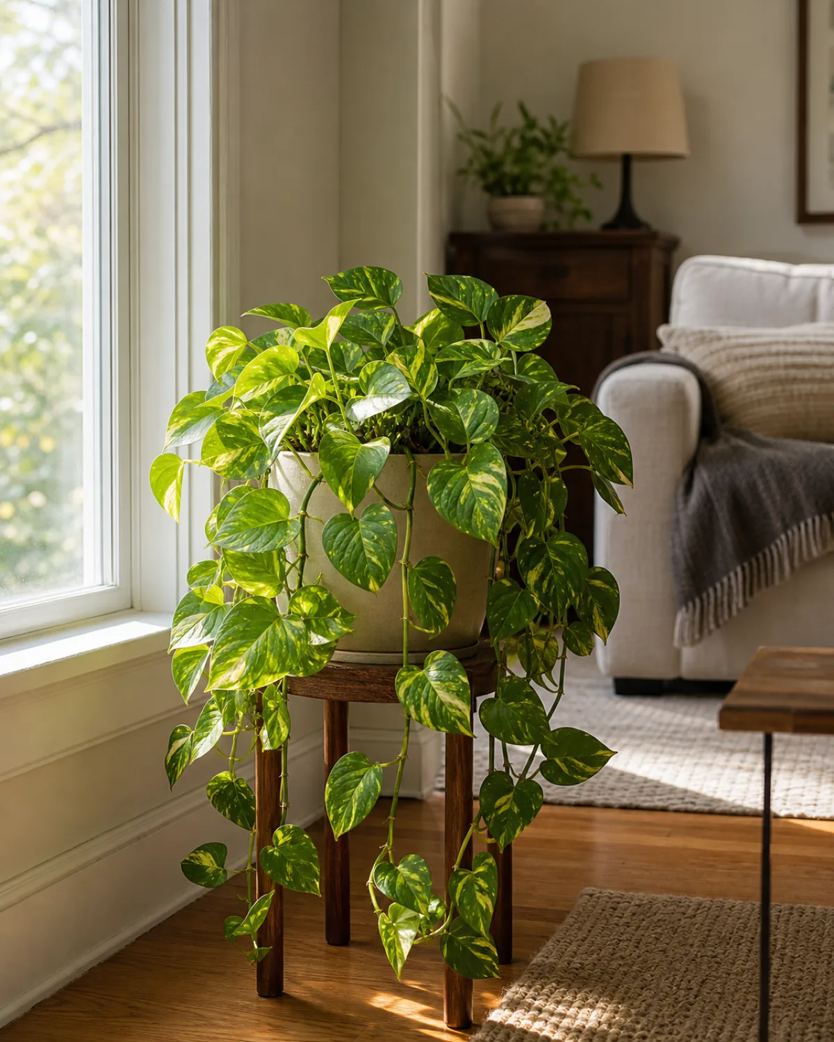 A potted golden pothos near a bright window in soft indirect daylight, heart-shaped variegated leaves catching warm light