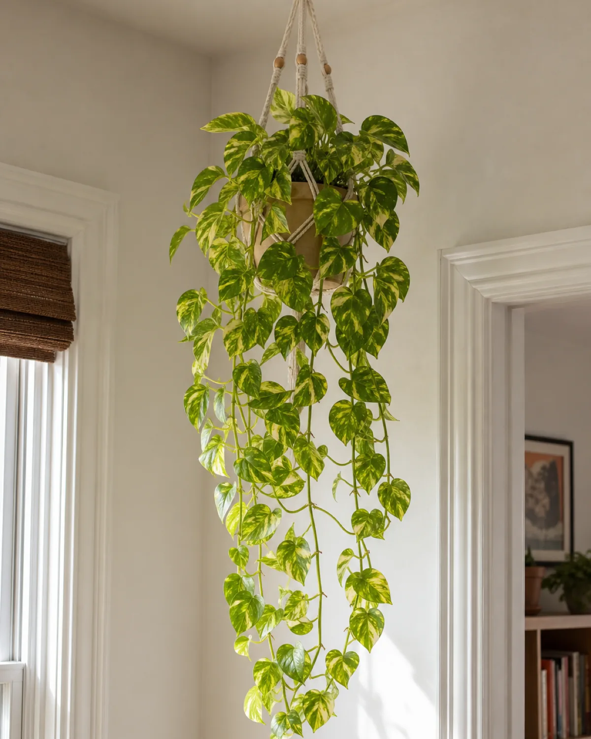 A golden pothos hanging high in a macrame hanger out of pet reach, variegated vines cascading