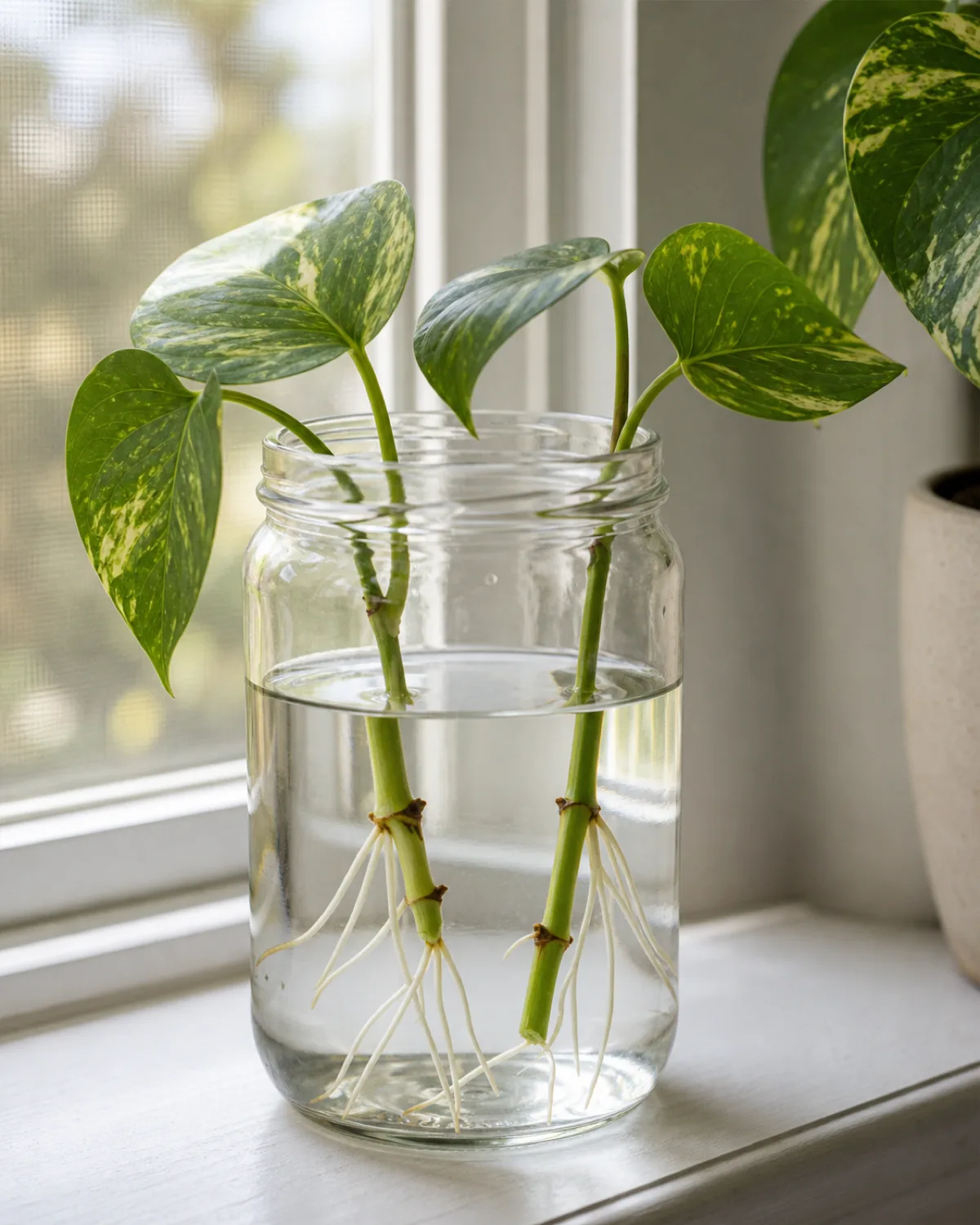 Three pothos node cuttings rooting in a clear glass jar of water on a windowsill, young white roots visible