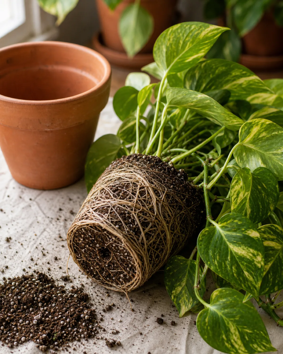 A root-bound pothos lifted out of its pot showing a dense pale root ball next to a slightly larger terracotta pot