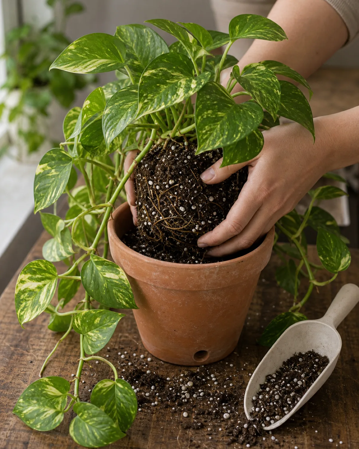 A pothos being potted into a chunky well-draining mix in a terracotta pot with a drainage hole