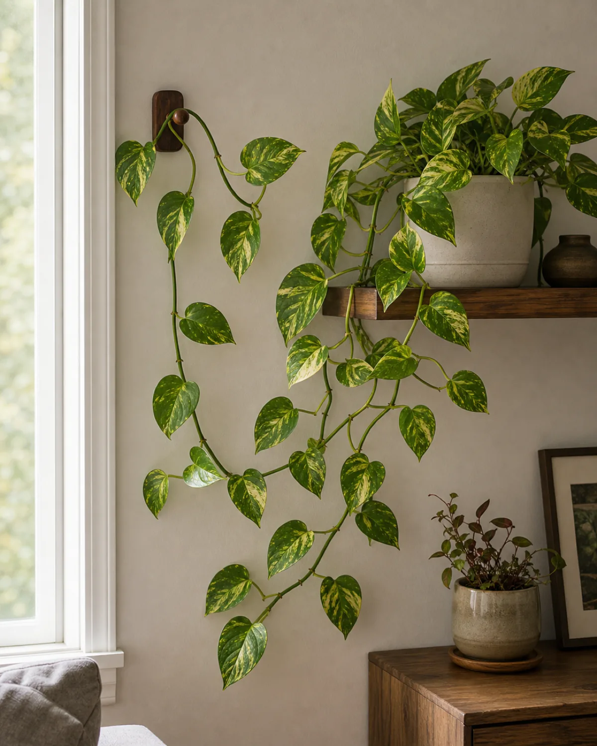 A golden pothos vine trained along a wood shelf and wall hook, variegated heart-shaped leaves guiding across the wall