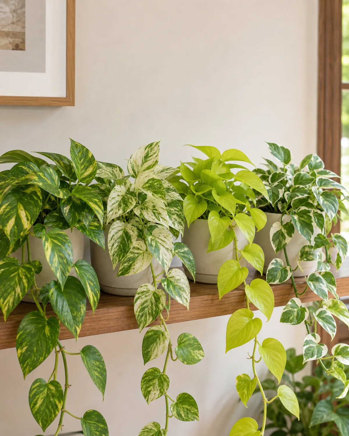 Four pothos varieties side by side on a shelf: golden, marble queen, neon, and n'joy with their distinctive leaf patterns