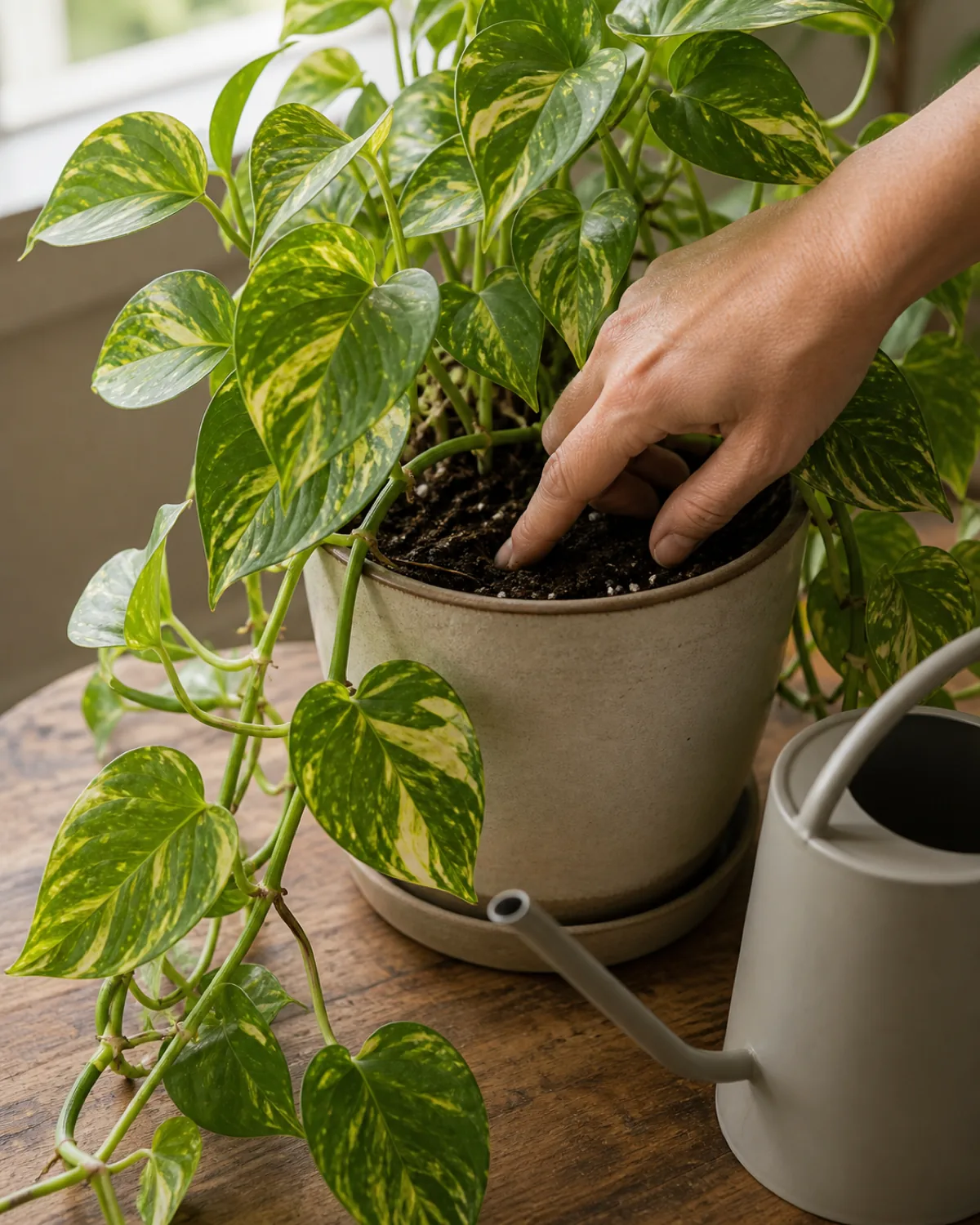 A hand checking that the top of the soil in a potted golden pothos is dry, a watering can nearby