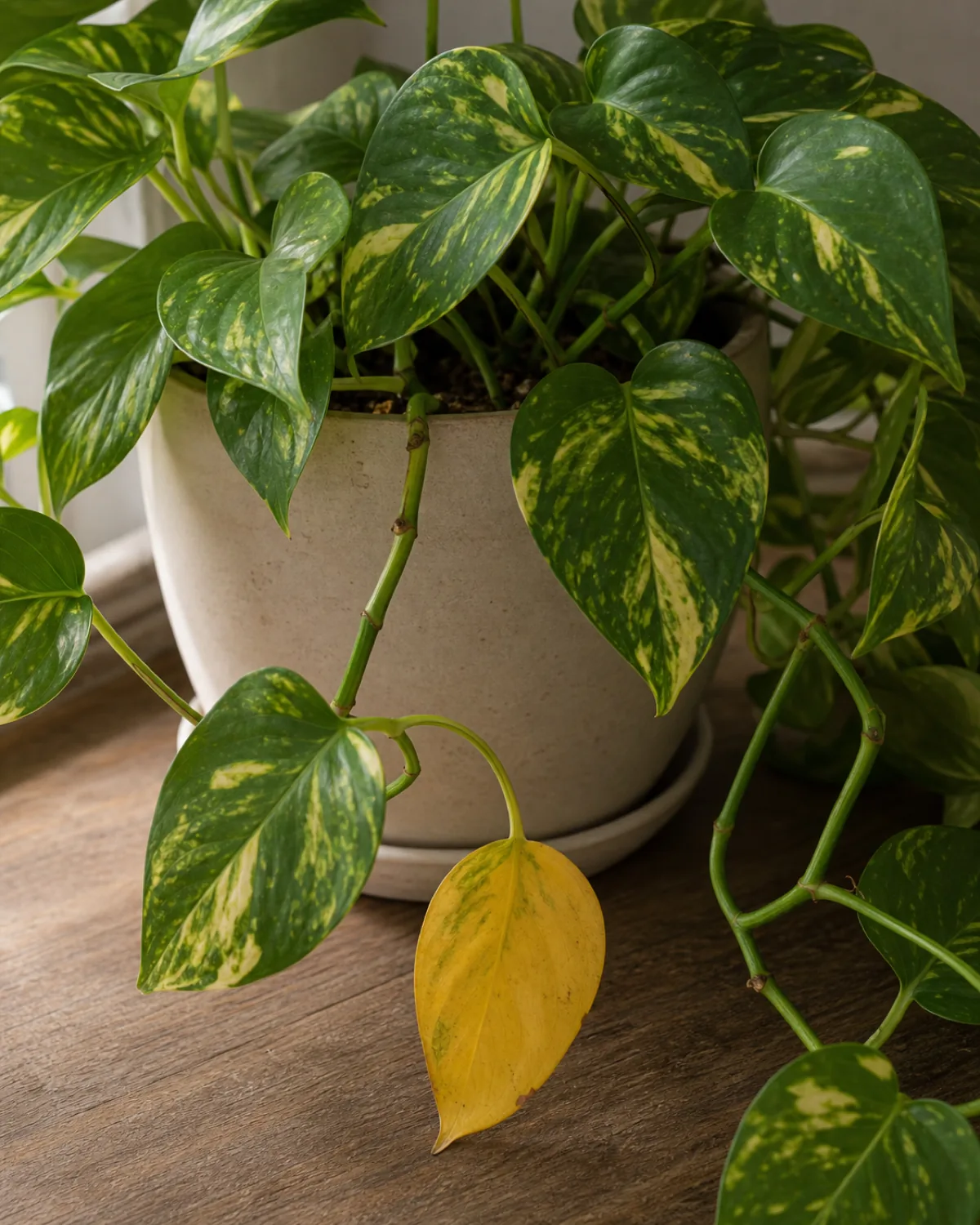 A potted golden pothos with one yellowed lower leaf among healthy variegated heart-shaped leaves