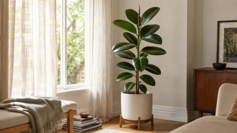 A mature four to five foot rubber plant in a plain pale cream ceramic floor pot on a low wood riser beside a tall bright window in a real living room with thick glossy deep green oval leaves alternating up a single woody stem and a red pointed new leaf spear at the very top in warm bright daylight