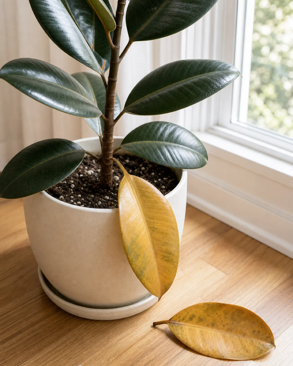 A closeup of the lower part of a rubber plant in a cream ceramic pot with one yellow lower leaf drooping and about to fall and a fallen yellow leaf on the wood floor while the leaves higher up stay firm glossy and deep green