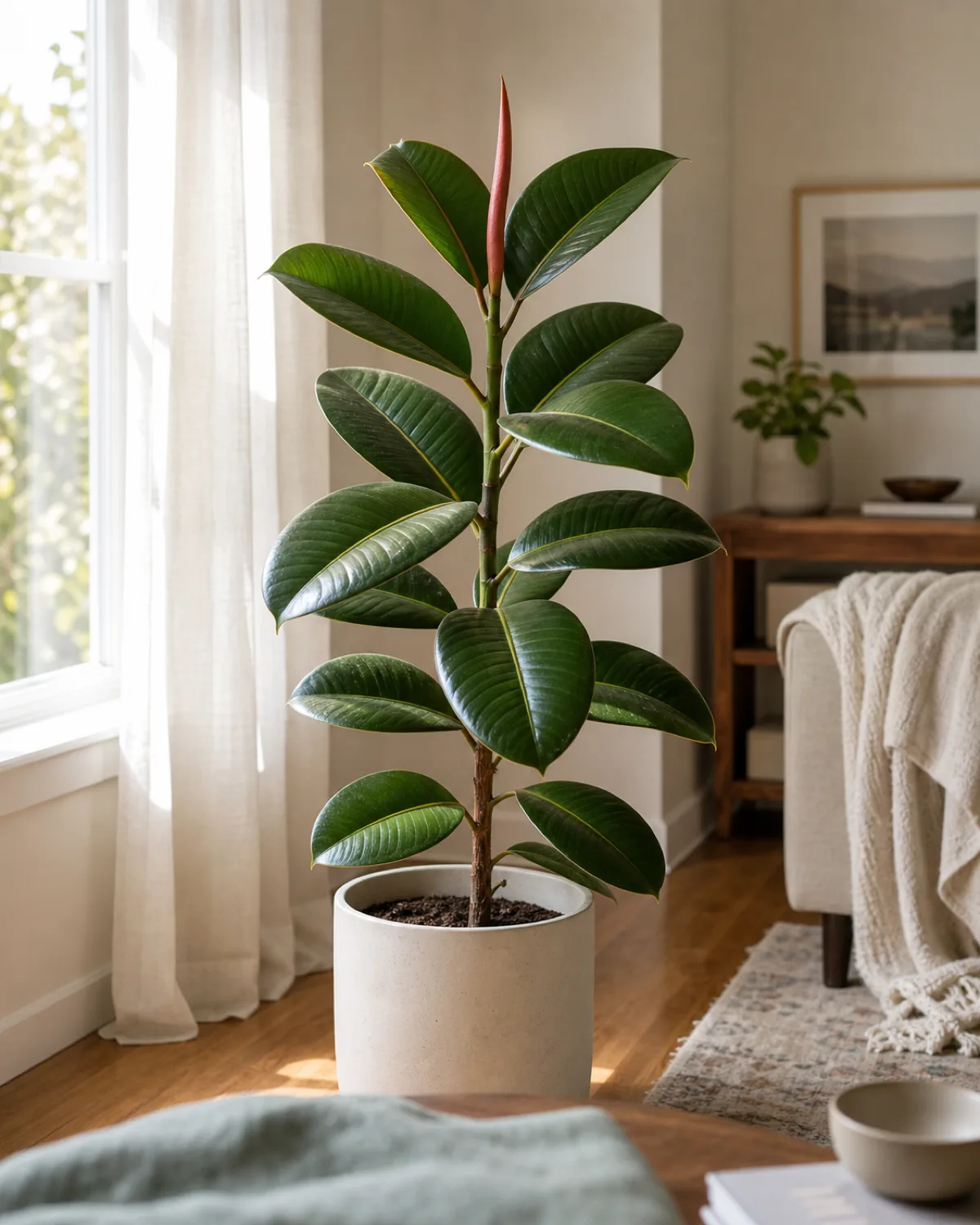A healthy green Robusta rubber plant in a plain cream ceramic pot a few feet back from a tall bright window in a real living room with bright indirect daylight on the thick glossy deep green oval leaves and the pale central midrib visible