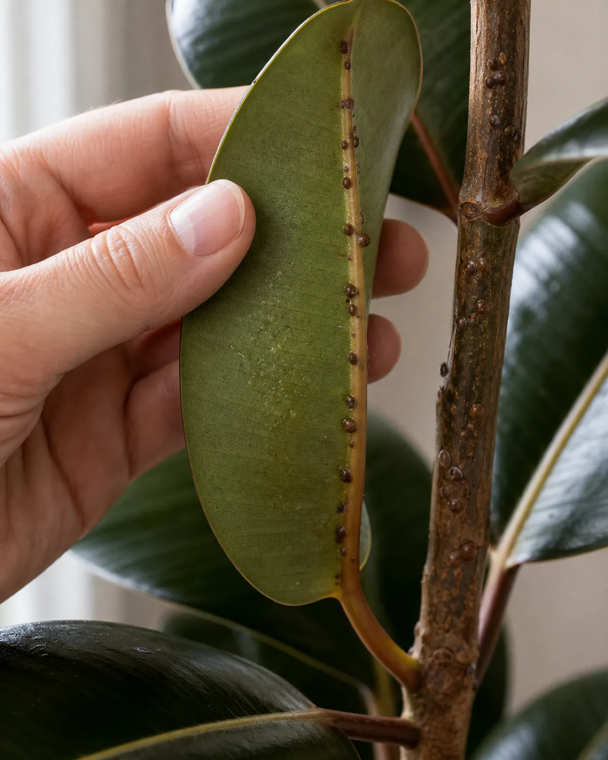 A macro closeup of a hand bending one glossy oval rubber plant leaf to reveal small brown dome shaped scale insects clustered along the woody stem and the pale central midrib on the leaf underside with a faint sticky sheen below
