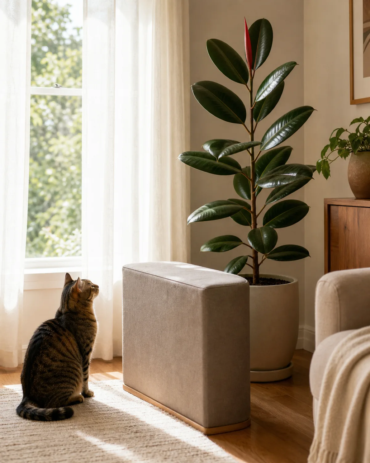 A real living room with a mature glossy rubber plant in a cream ceramic floor pot in a corner with a low pet gate between the pot and the room and a calm tabby cat sitting on a sunny rug on the far side looking at the leaves but unable to reach them