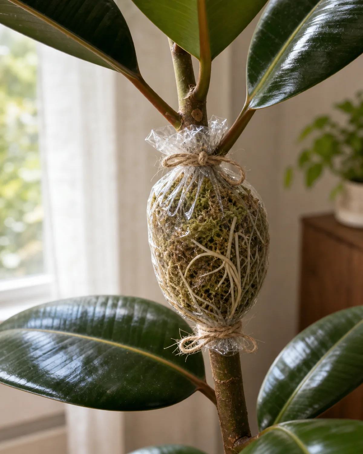 A closeup of an air layering propagation on the woody stem of a rubber plant with a ball of damp sphagnum moss wrapped in clear plastic film tied with twine and fine pale new roots visible growing into the moss