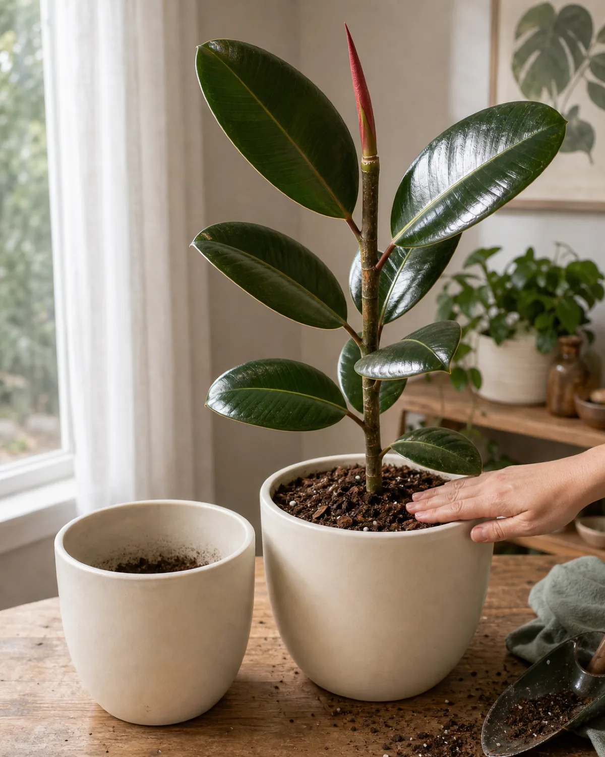 A low wood work table with two pale cream ceramic pots side by side with a snug smaller pot on the left and a one size larger pot on the right holding a freshly replanted rubber plant in fresh chunky soil with a hand patting the surface