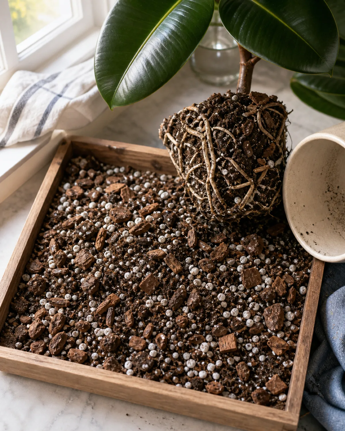 An overhead view of a wood tray on a kitchen counter with a chunky rubber plant soil blend of dark potting soil and golden brown orchid bark chunks and white perlite with a tipped cream ceramic pot and an un potted root ball beside it
