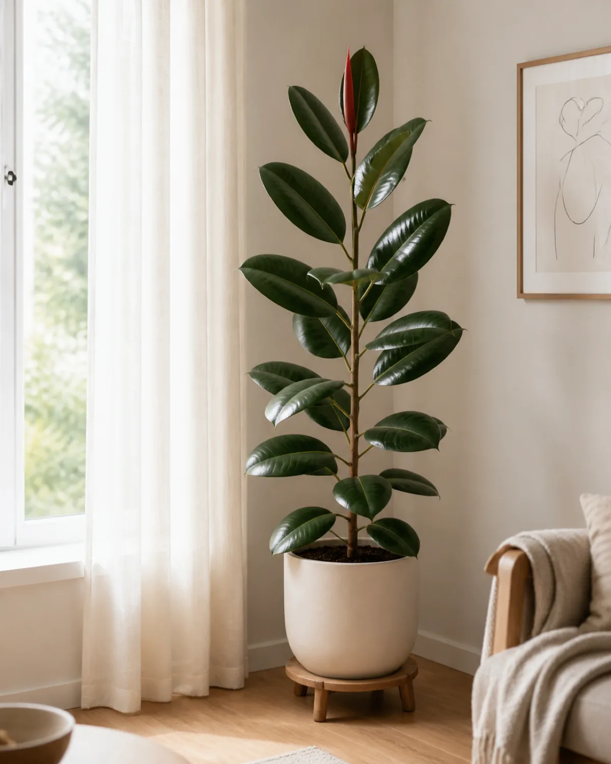 A mature glossy rubber plant in a cream ceramic floor pot in a real living room corner beside a tall bright east facing window with glossy oval leaves catching indirect daylight and a red new leaf spear at the top