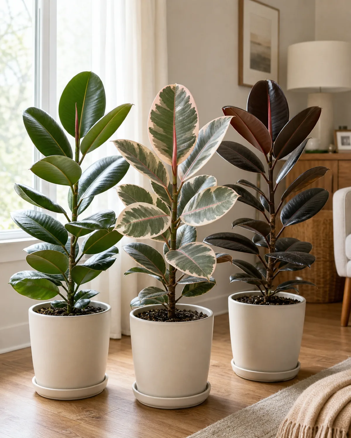 Three rubber plant varieties grouped on a wood floor in a bright living room with a deep green Robusta on the left a cream and pink variegated Tineke in the center and a dark burgundy Ruby on the right each in a cream ceramic pot