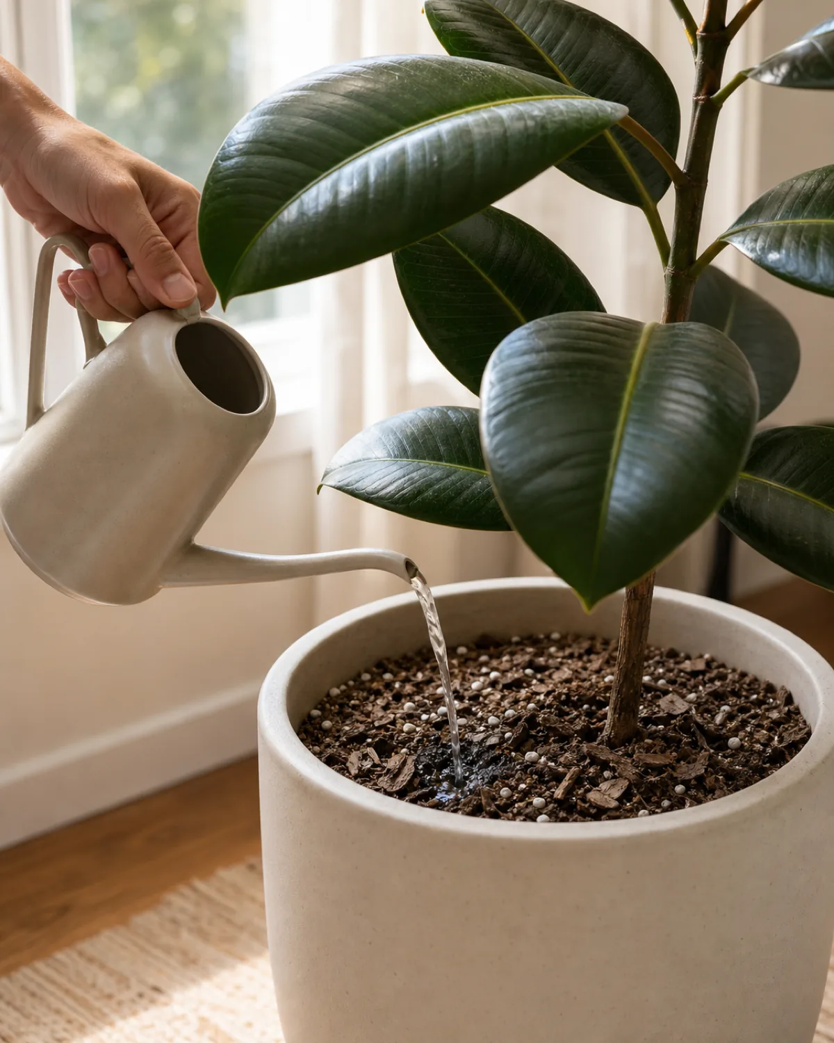 A hand pouring water from a tall narrow spout watering can into a plain cream ceramic floor pot holding a rubber plant with the chunky soil surface clearly dry on top before the pour and glossy oval leaves rising above the pot edge