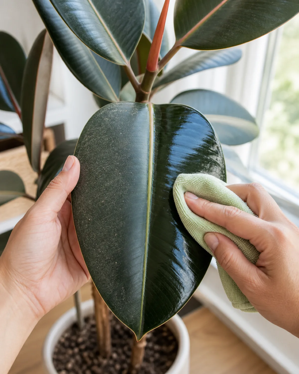 A hand holding the underside of one large glossy oval rubber plant leaf while a soft cloth wipes dust off the upper surface with the wiped half noticeably shinier than the dusty half and the pale central midrib visible