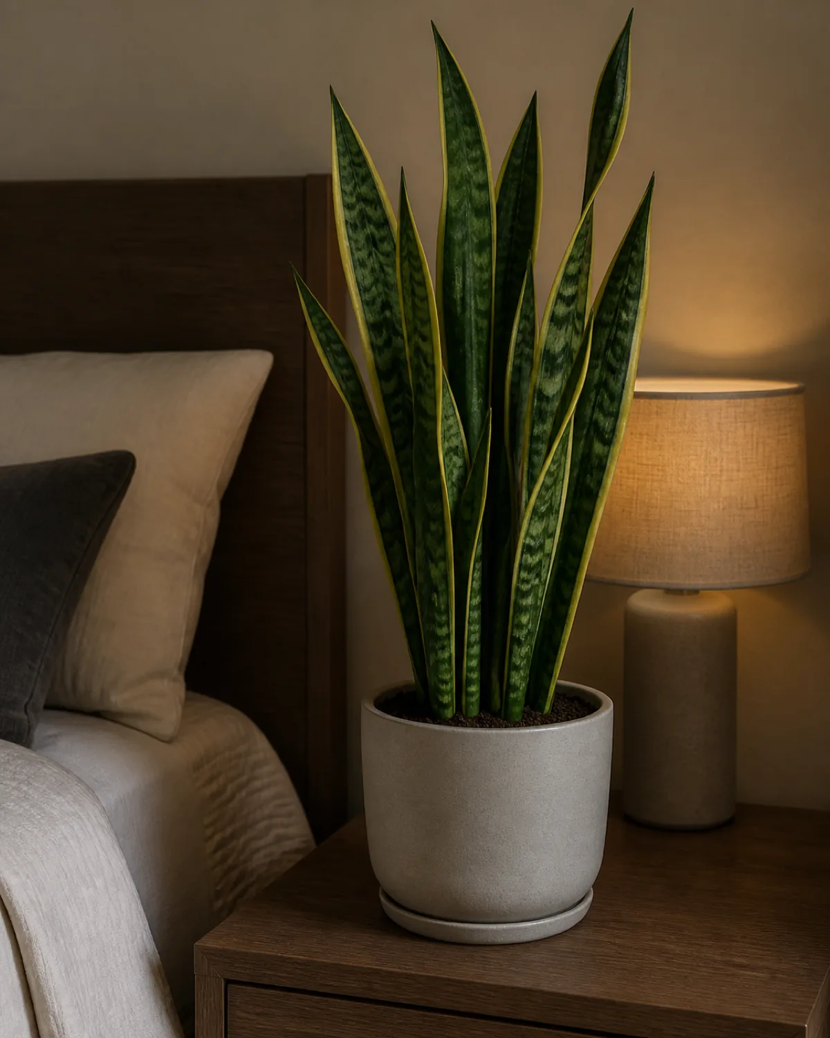 A snake plant on a bedroom nightstand in low light, calm and architectural