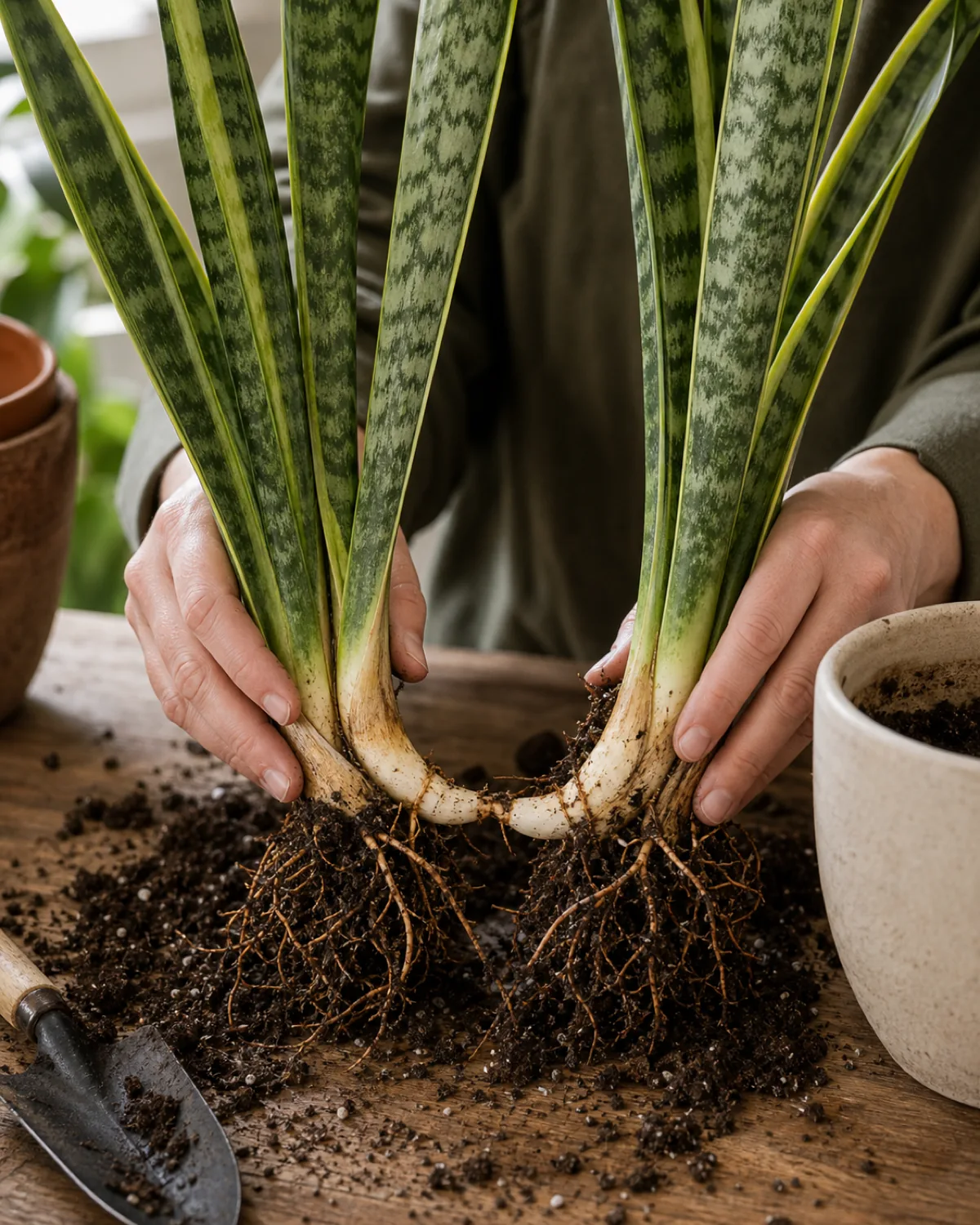 Two clumps of a snake plant being separated at the rhizome at repotting time