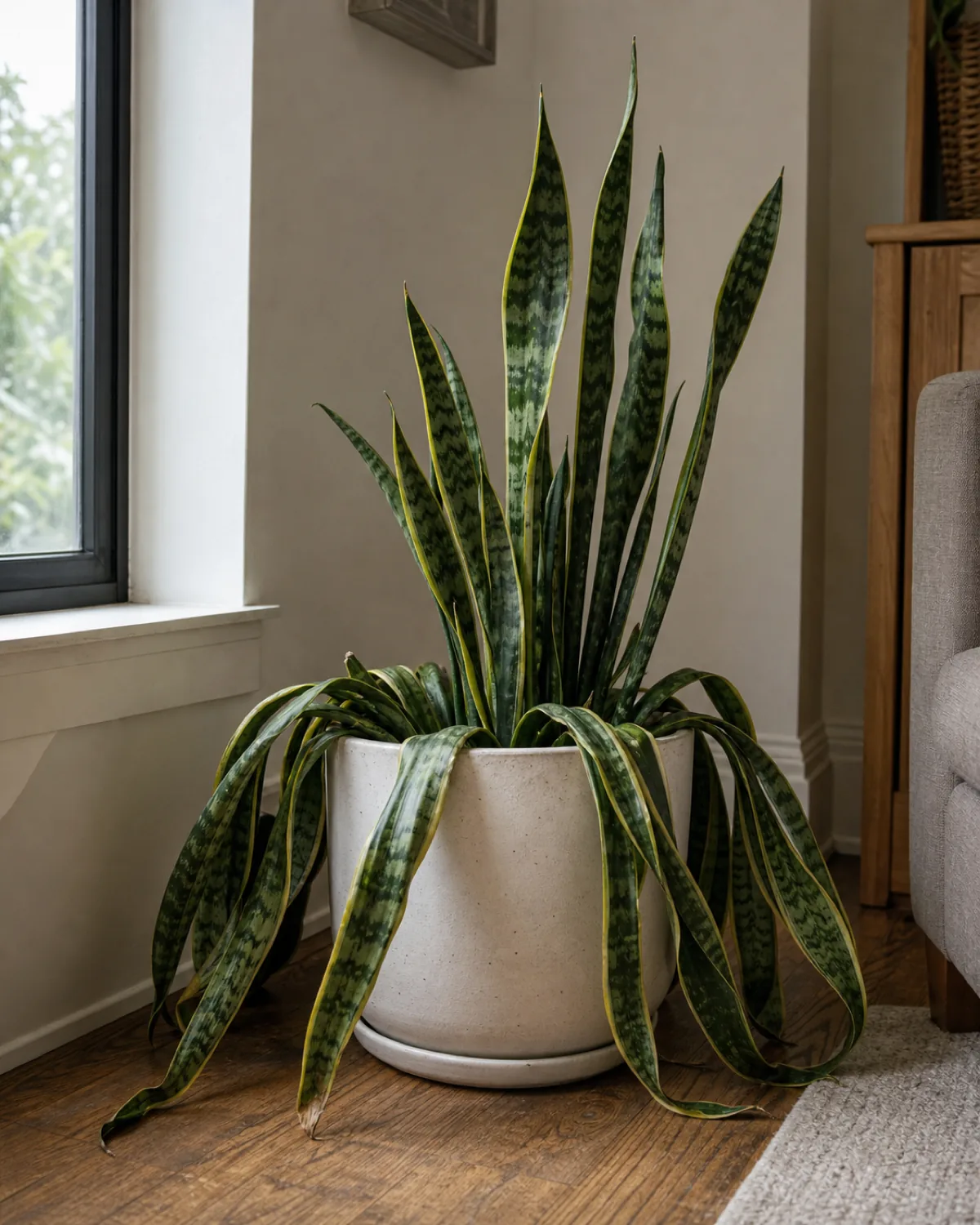 A snake plant whose stiff leaves are splaying outward and flopping, a sign of trouble