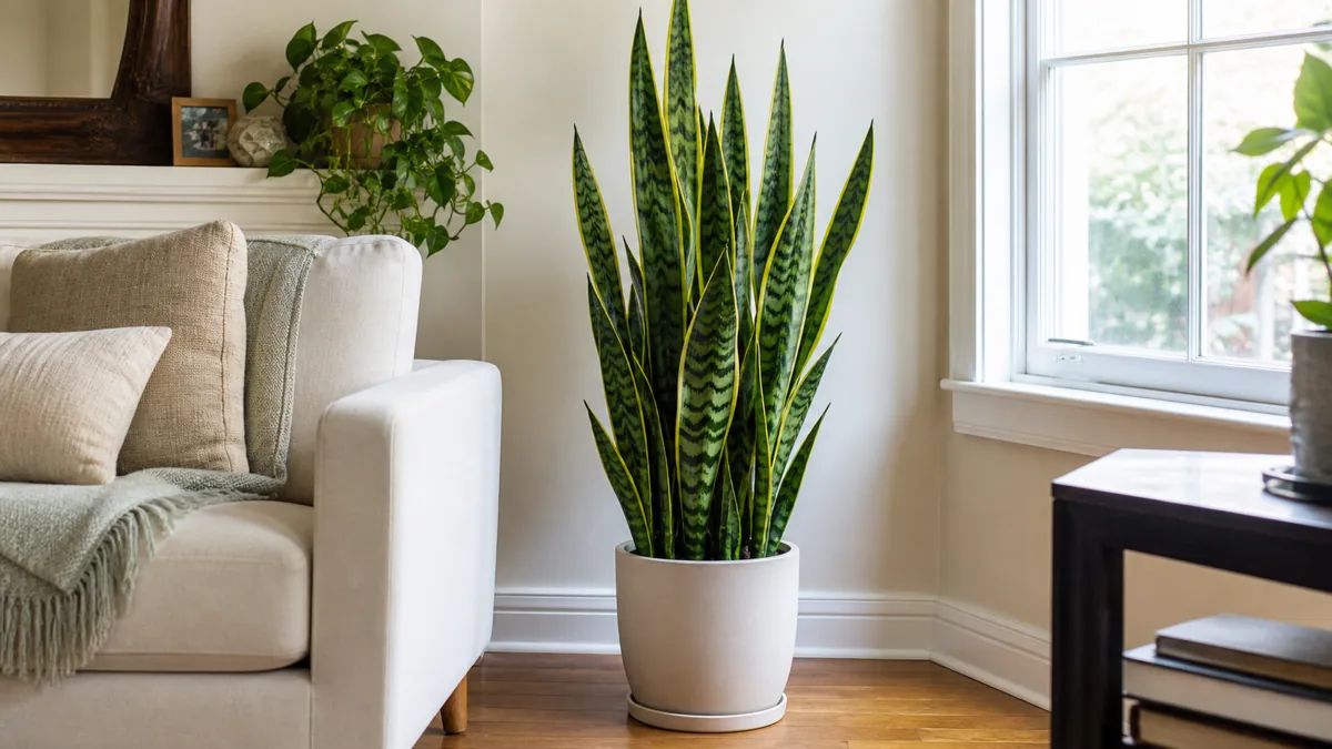 A tall healthy snake plant with stiff banded leaves in bright window light