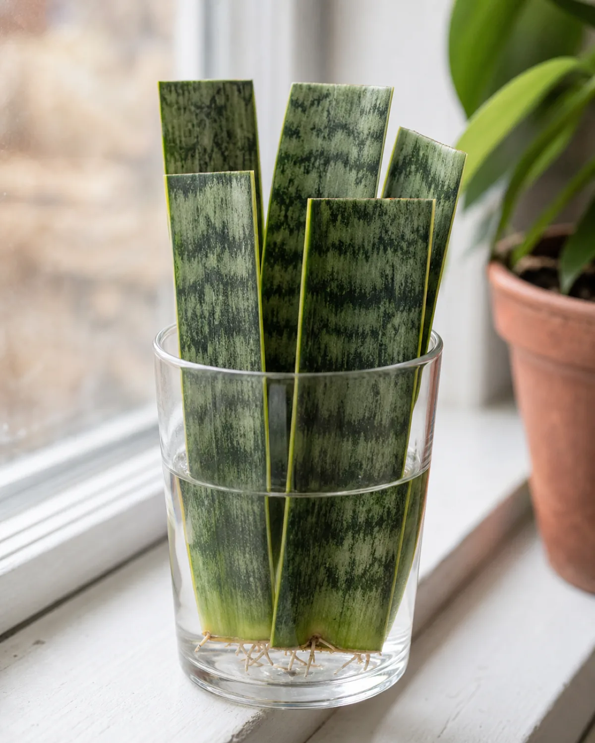 Sections of a snake plant leaf rooting cut-side down in a glass of water on a windowsill
